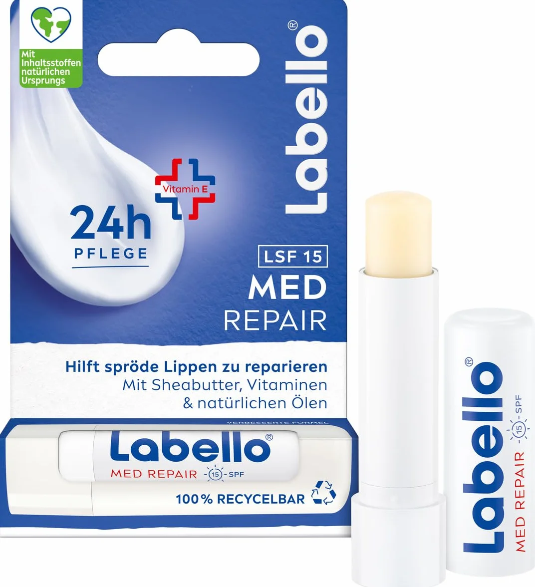 Labello Med Repair - Matita per la cura delle labbra, senza olio minerale, con SPF 15 e vitamina E, per labbra fragili, balsamo per labbra con burro di karitè e oli naturali (4,8 g)