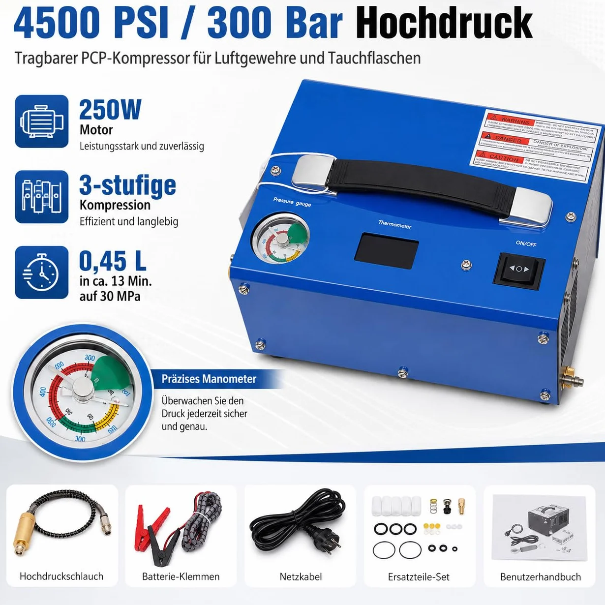 PCP Compressore Automatico 4500psi 300 bar 250W Auto Stop Pompa ad Alta Pressione