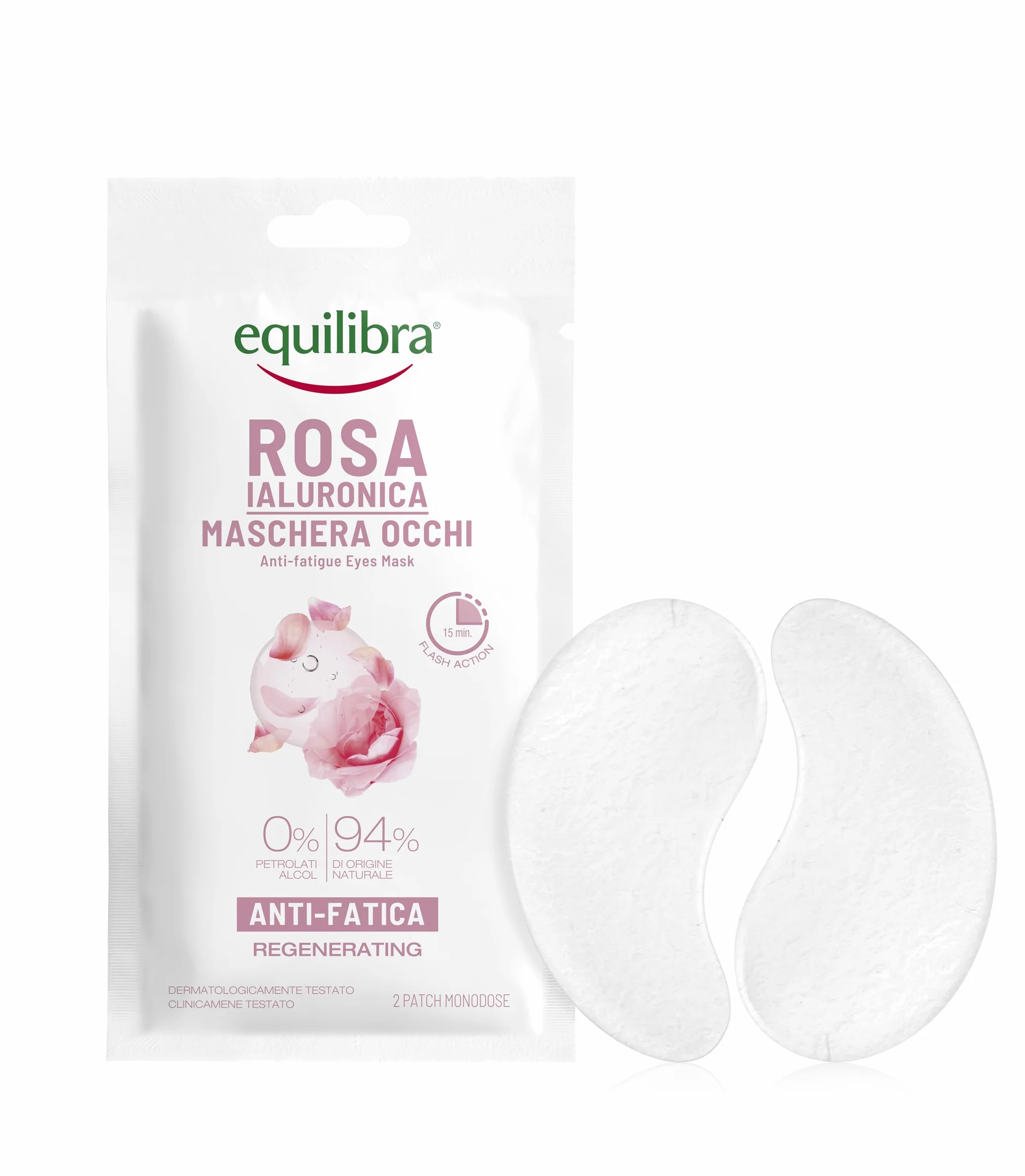 Equilibra, Patch Occhi, Azione Anti-fatica Contro Occhiaie e Borse, 2 Patch, con Estratto di Rosa Damascena, Acido Ialuronico ad Alto, Medio e Basso Peso, Caffeina, ed Estratto di Centella