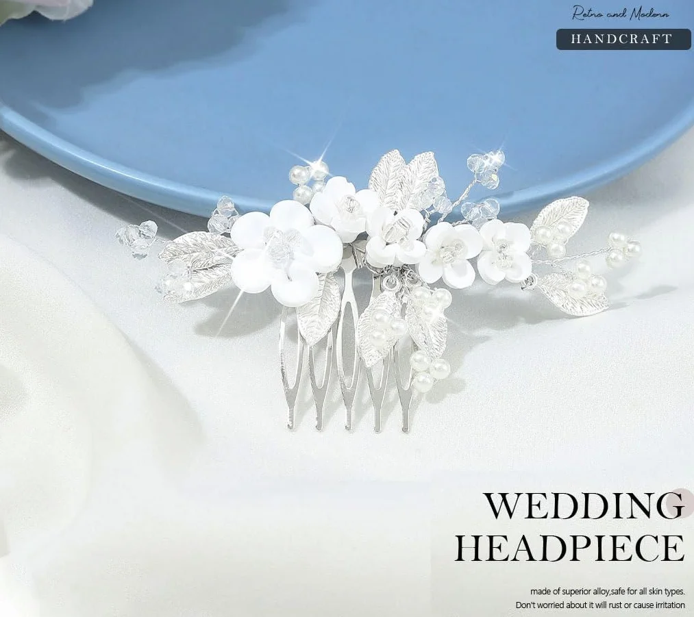 Pettine per capelli da sposa con perle argentate, accessorio per capelli da sposa per donne e ragazze