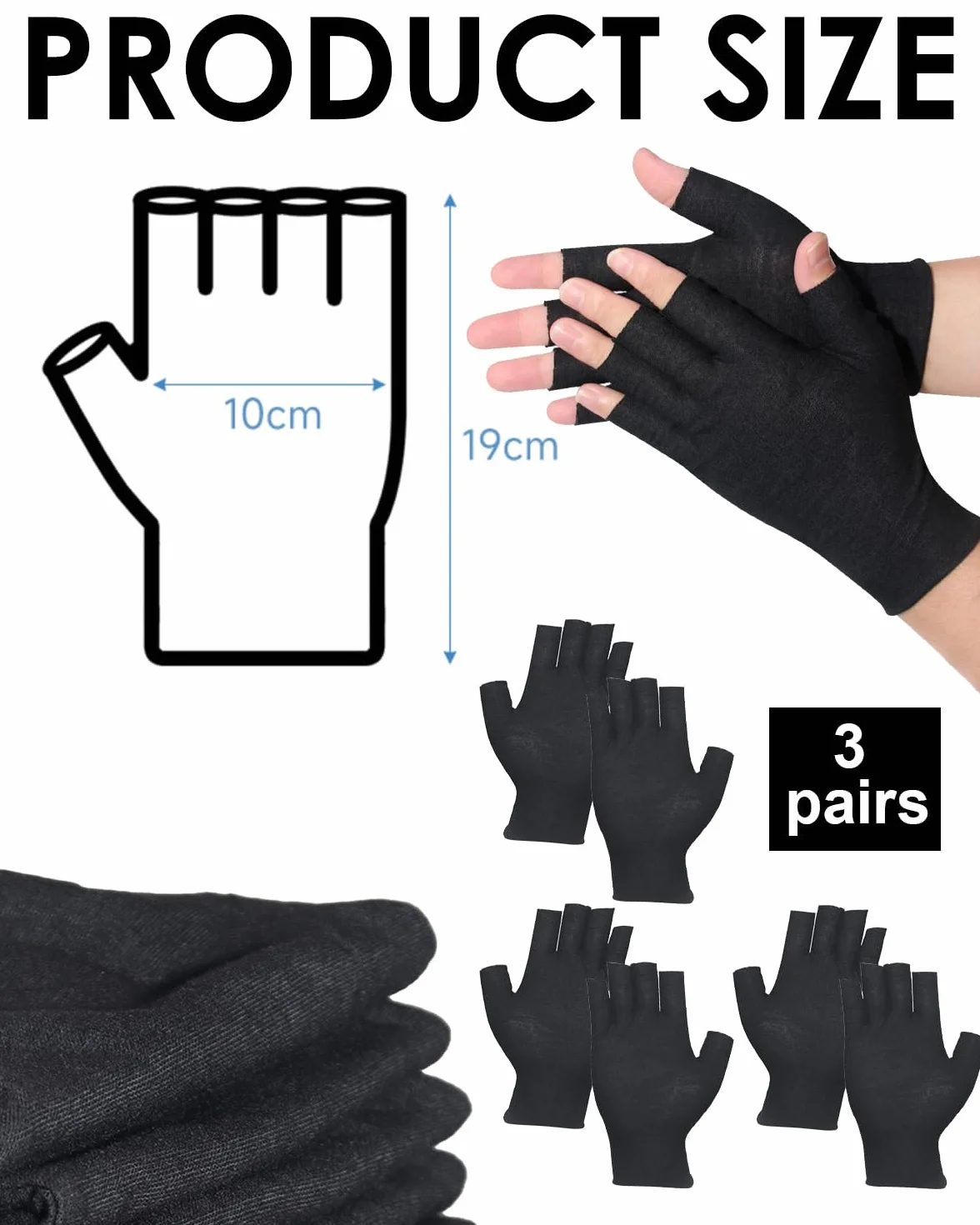3 paia Guanti senza dita in cotone,Guanti da fitness sottili,Protezione UV estiva per mezze dita,Guanto in stoffa,Guanti in tessuto certificati e delicati sulla pelle-Nero