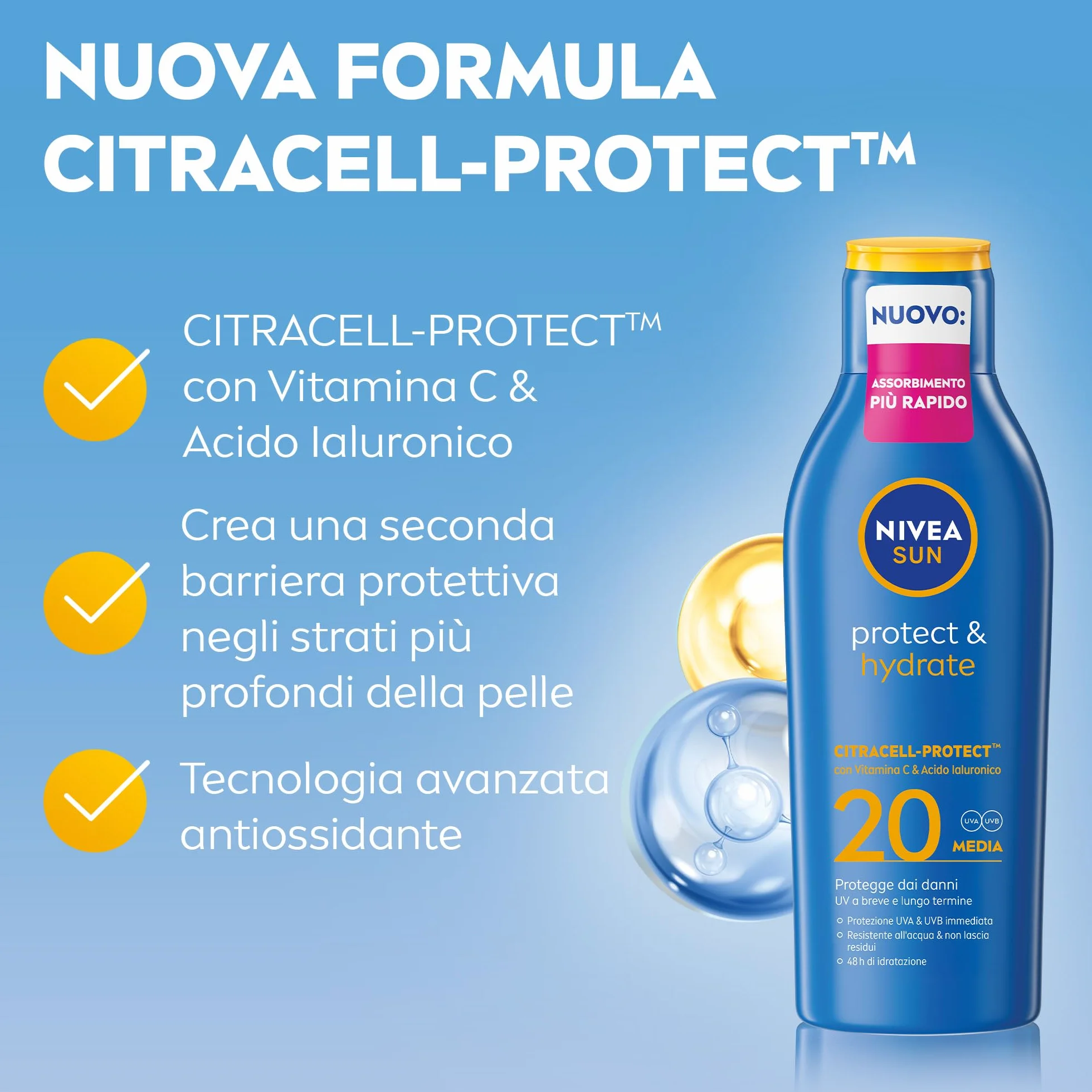 NIVEA SUN Protect & Hydrate SPF 20 200 ml, Crema solare 20 idratante 48h ad assorbimento rapido, Protezione solare 20 resistente all'acqua arricchita con Vitamina C e Acido Ialuronico