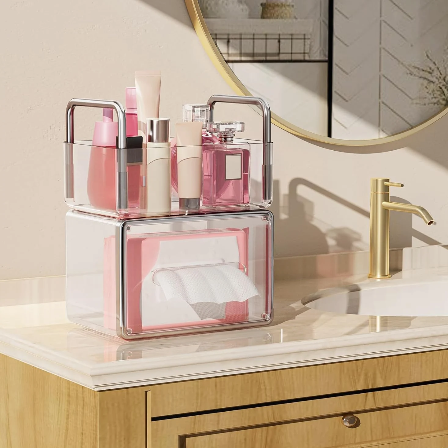 Organizer Trucchi Multifunzione, Organizer Per Trucchi Impilabile, Organizer Per Cosmetici In Acrilico Trasparente Con Scatola Per Fazzoletti In Plastica Trasparente Per Riporre I Trucchi Make Up Orga