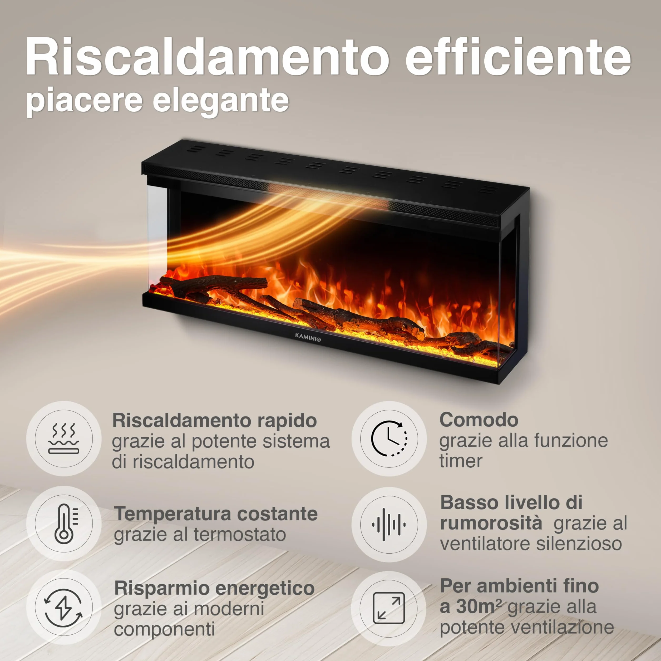 KAMINIO Camino elettrico LEA 3-in-1 con vista panoramica, riscaldamento, effetto fiamma 3D, 12 colori, telecomando 36 pollici