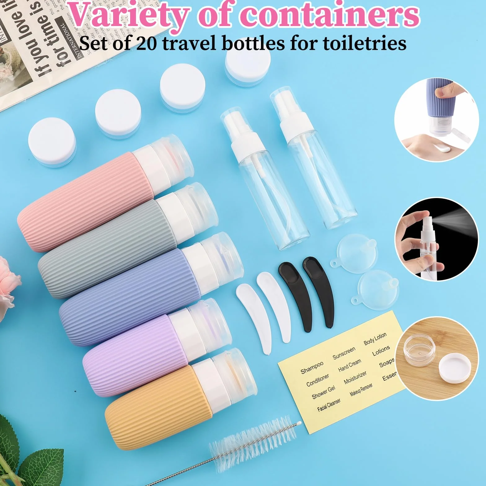 20 Pezzi Contenitori da Viaggio per Liquidi, Kit Viaggio Liquidi in Silicone, Boccette Flaconi da Viaggio 90 ml Riutilizzabili per Shampoo, Lotion, Crema e Cosmetici, Nessun BPA (Colore)