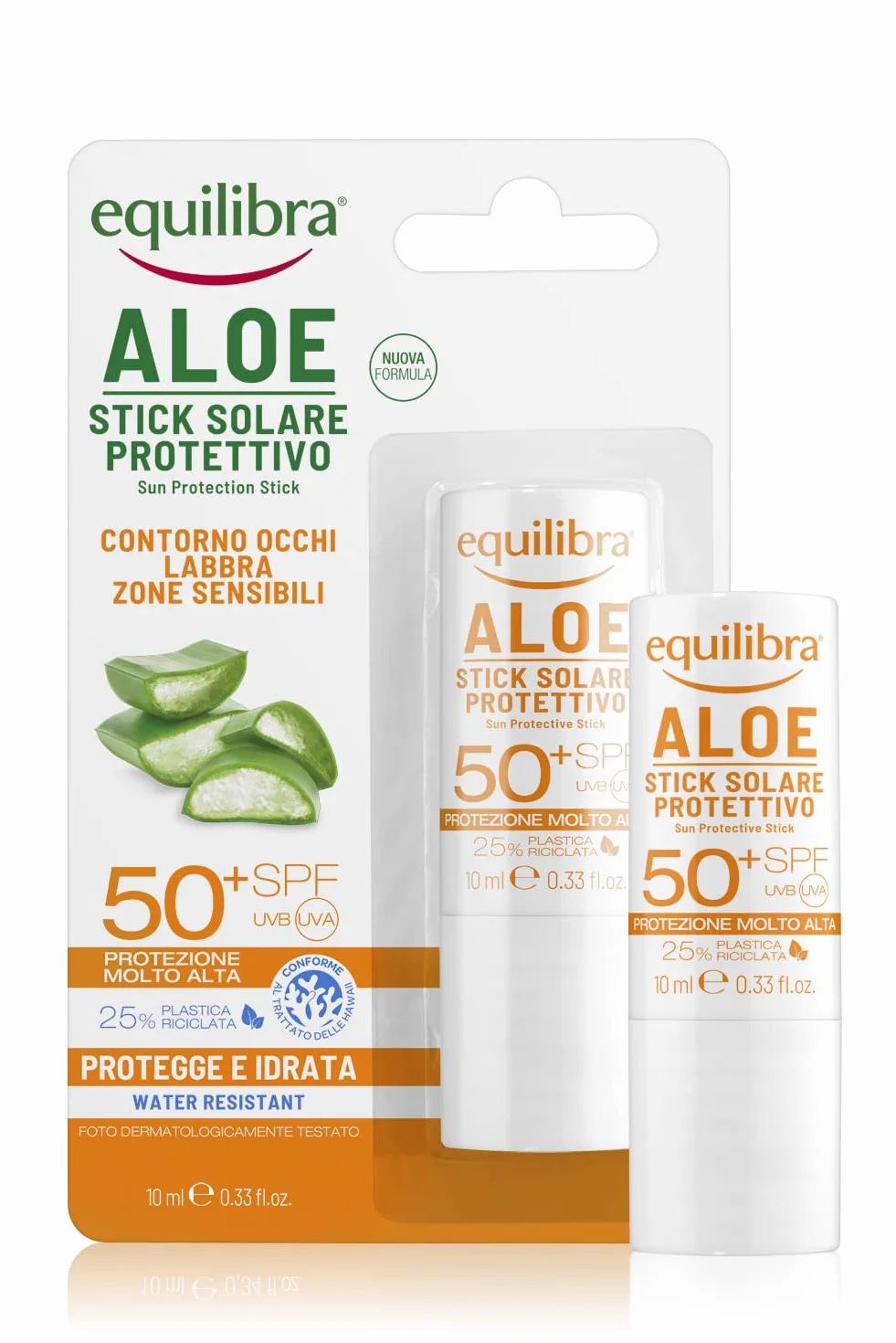 Equilibra Solari, Aloe Stick Solare Protettivo SPF 50+, Stick Solare a Base di Aloe Vera per Proteggere le Zone Sensibili, per Contorno Occhi, Labbra, Naso, Orecchie, Tatuaggi, Nei e Macchie, 12 ml