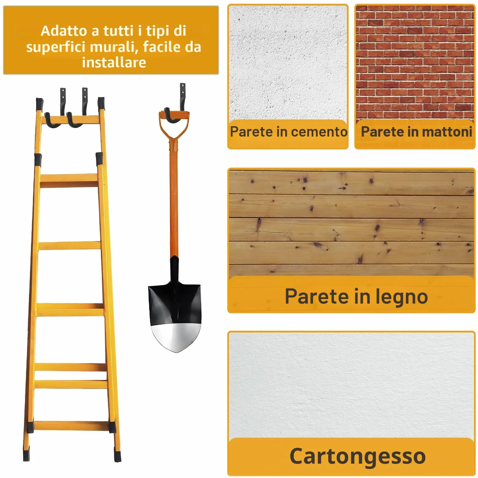 Ganci da Muro per Garage, Gancio a J per Bici, Supporto da Parete Nero per Organizzazione Utensili