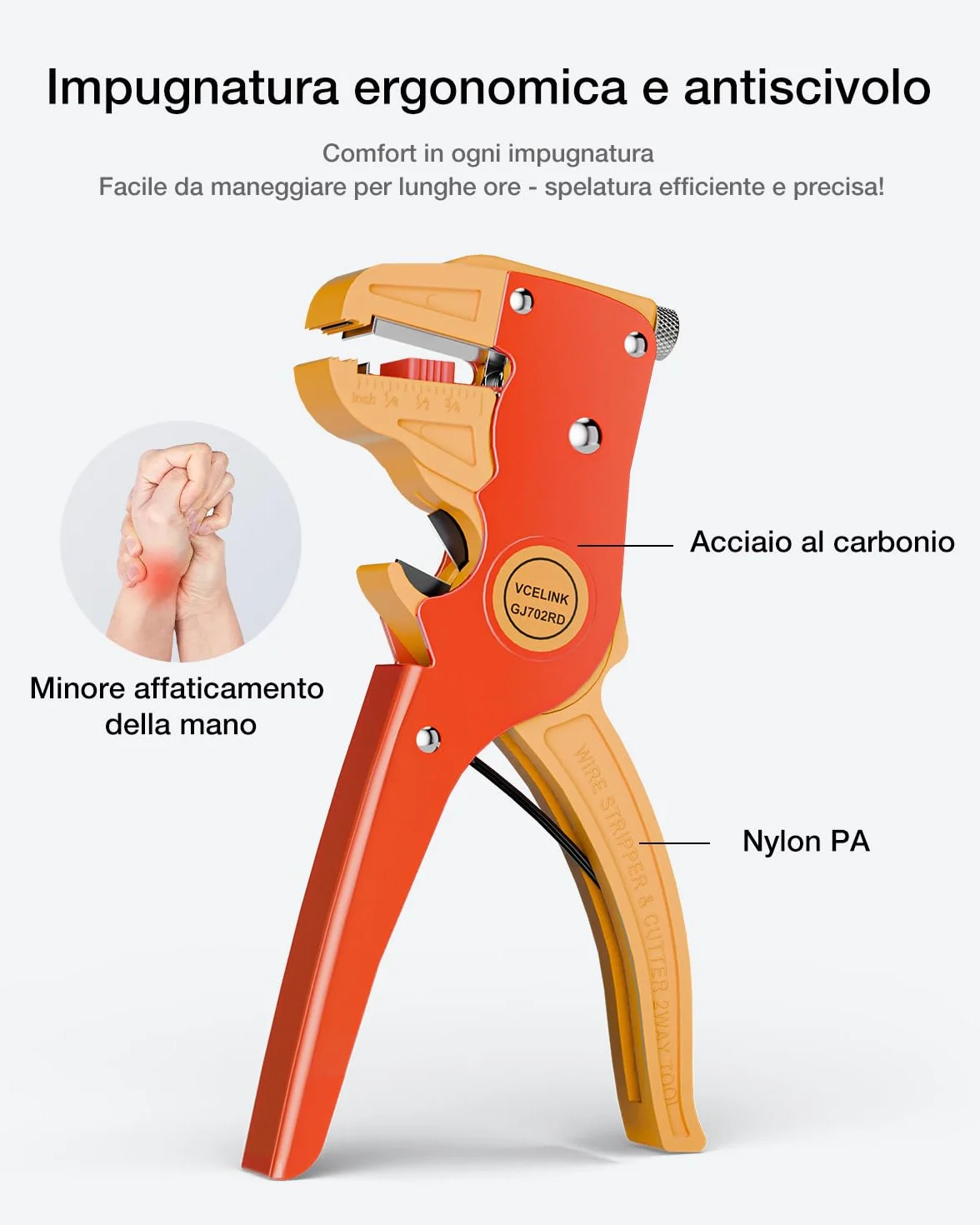 VCELINK Pinza Spelafili Automatica 2 in 1 Lama Mn65 Spelatura 0,2-6 mm² Taglio 0,08-8 mm Rosso/Arancione