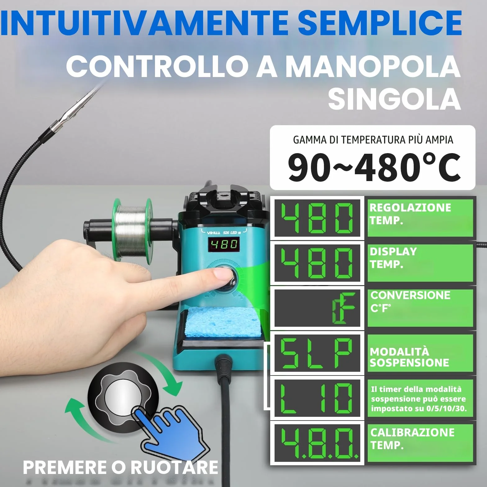 YIHUA 926LED III 60W Stazione Saldante Saldatore a Stagno Display Digitale 2 Mani d'Aiuto 5 Punte Extra Filo Saldatura Senza Piombo Auto Sleep Calibrazione EU Plug