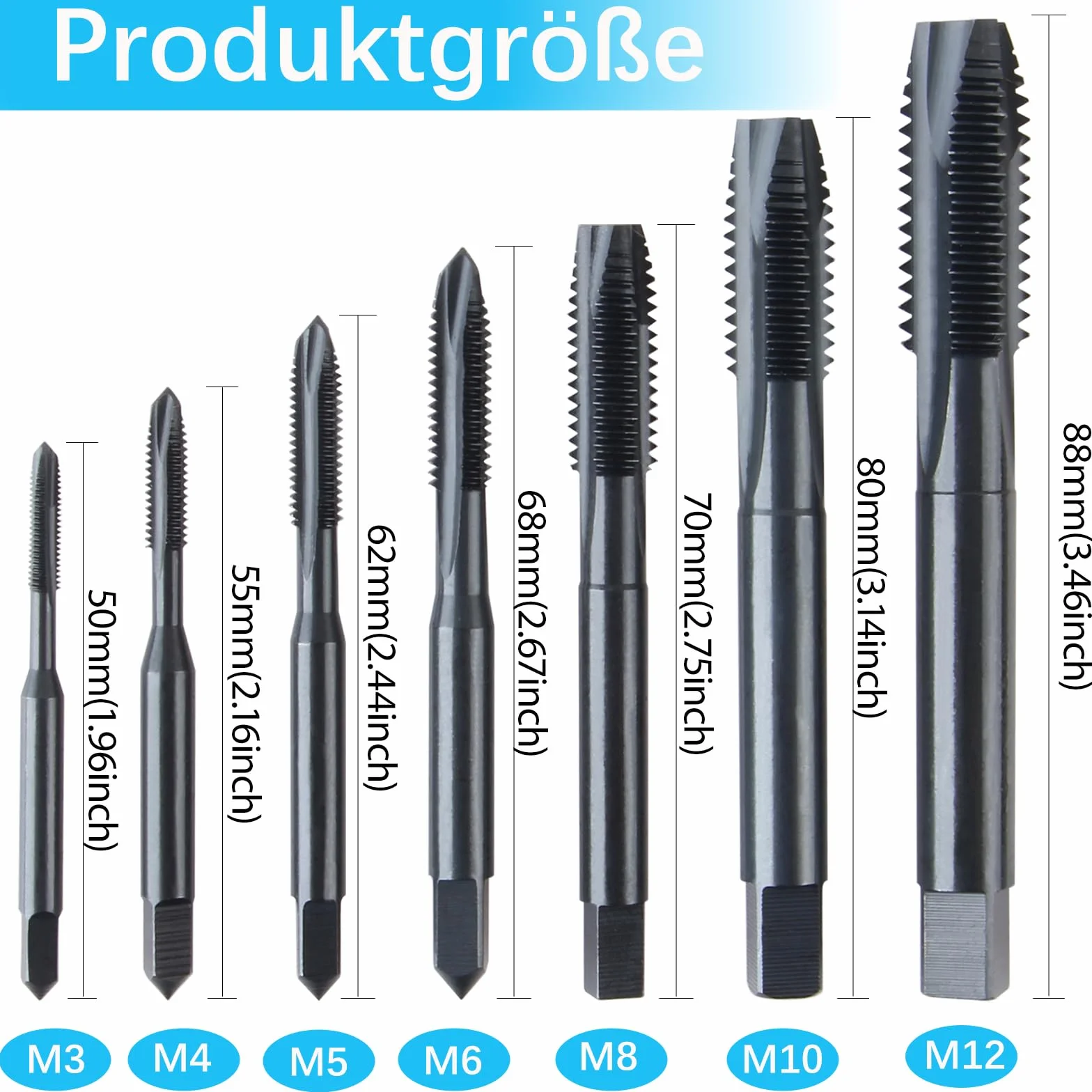 Set di 7 maschi per filettatura manuale HSS 6542 metrica sinistra M3-M12