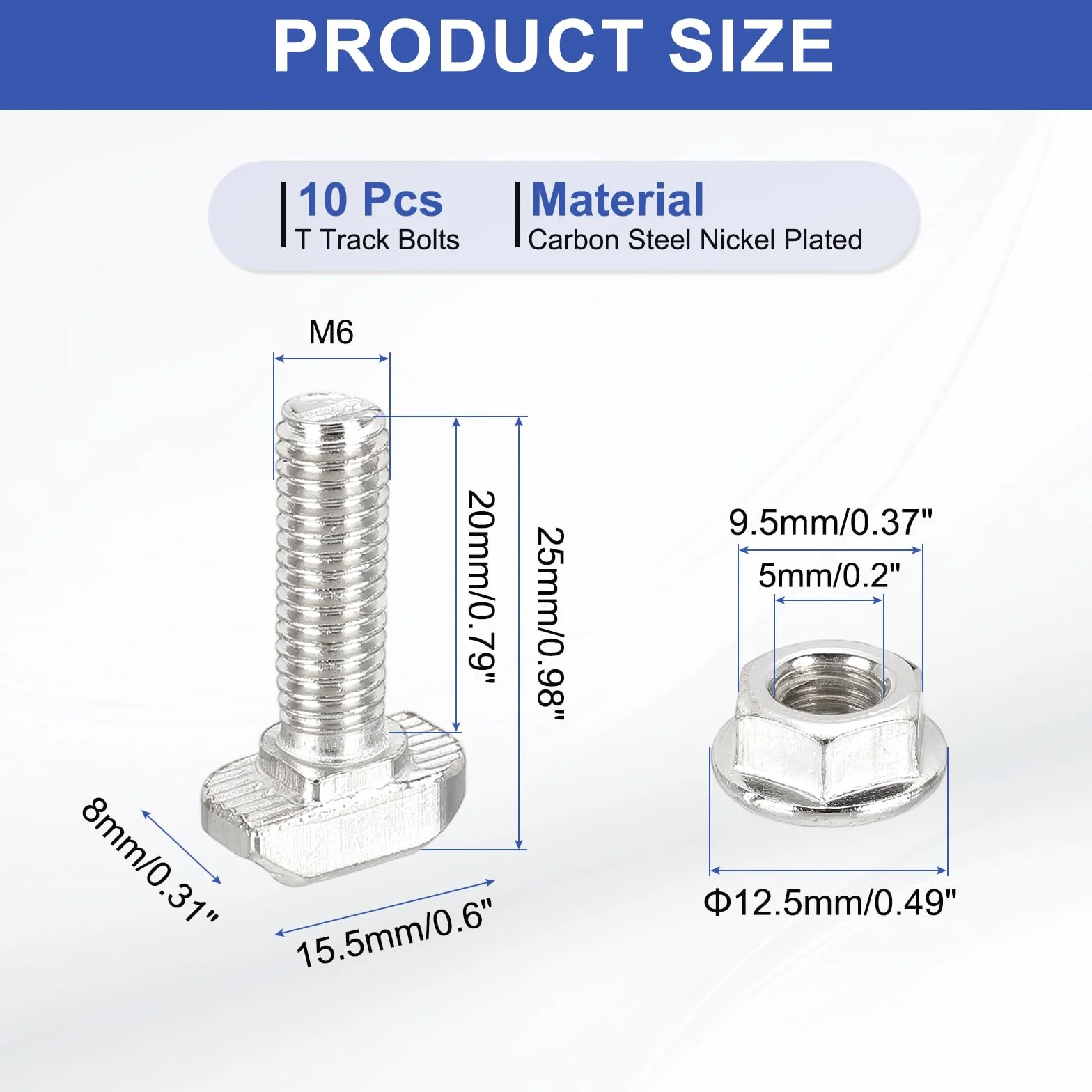 PATIKIL Viti a T Con Testa a Martello M6x20mm, 10 Set Viti Ad Incastro con Dadi Esagonali per Profili Alluminio Serie 30, Argento