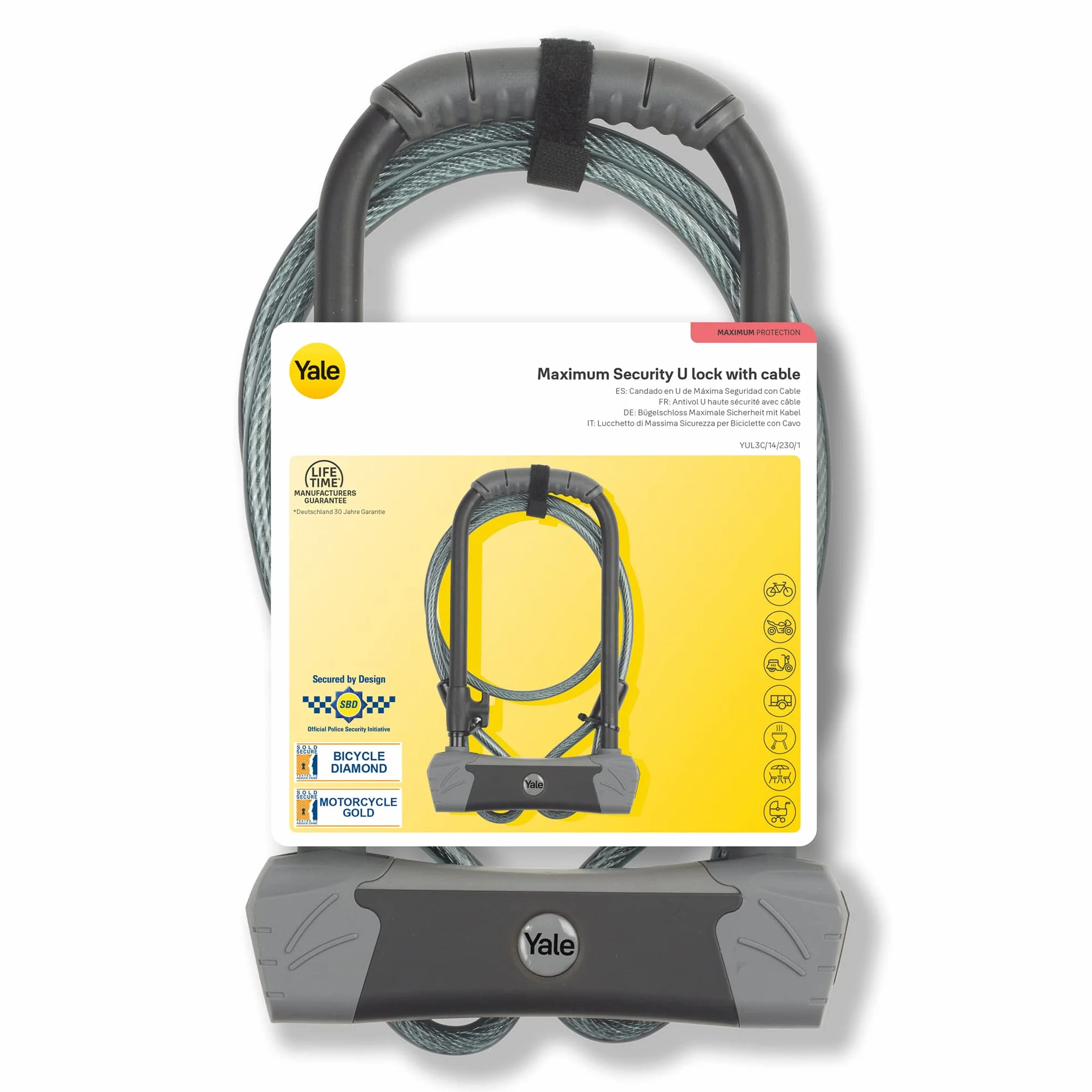 Yale YUL3C/14/230/1 Lucchetto a U 230 mm Arco Rinforzato Acciaio Ø14 mm Serratura Chiave Alta Resistenza Cavo Acciaio 1200x10 mm per Bici Moto