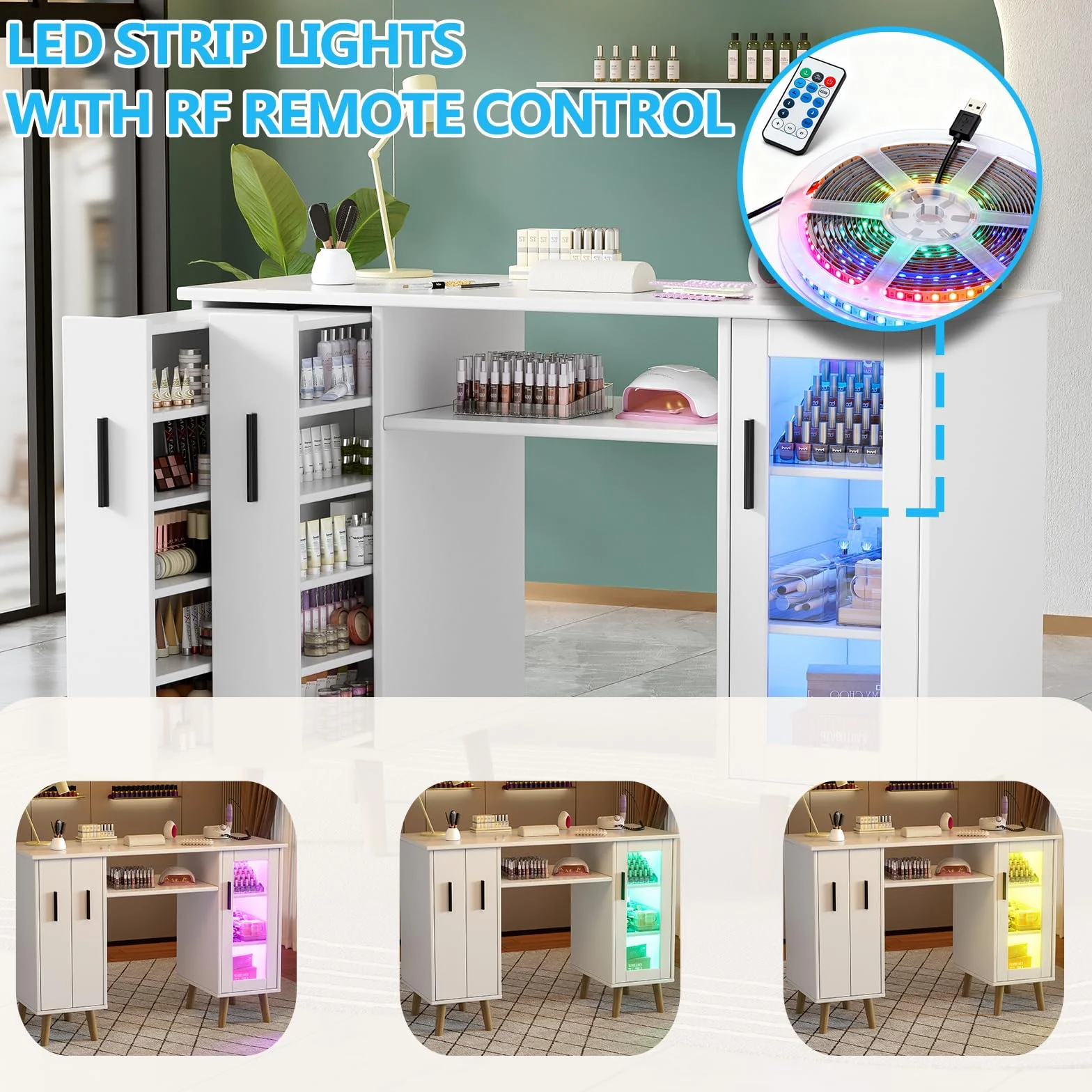 Tavolo per Onicotecnica,Tavolino Professionale per Unghie in Legno con 2 Armadietti Verticali Estraibili,Mobiletto a 3 Ripiani di Grande Capacità,Luci LED Regolabili per Salone di Bellezza,108*45*76cm