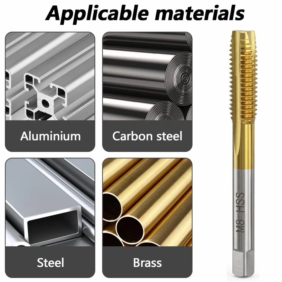 Maschi per Filettatura M3-M8 Titanio Rivestito HSS Strumenti per Maschiatura, 5 Pezzi