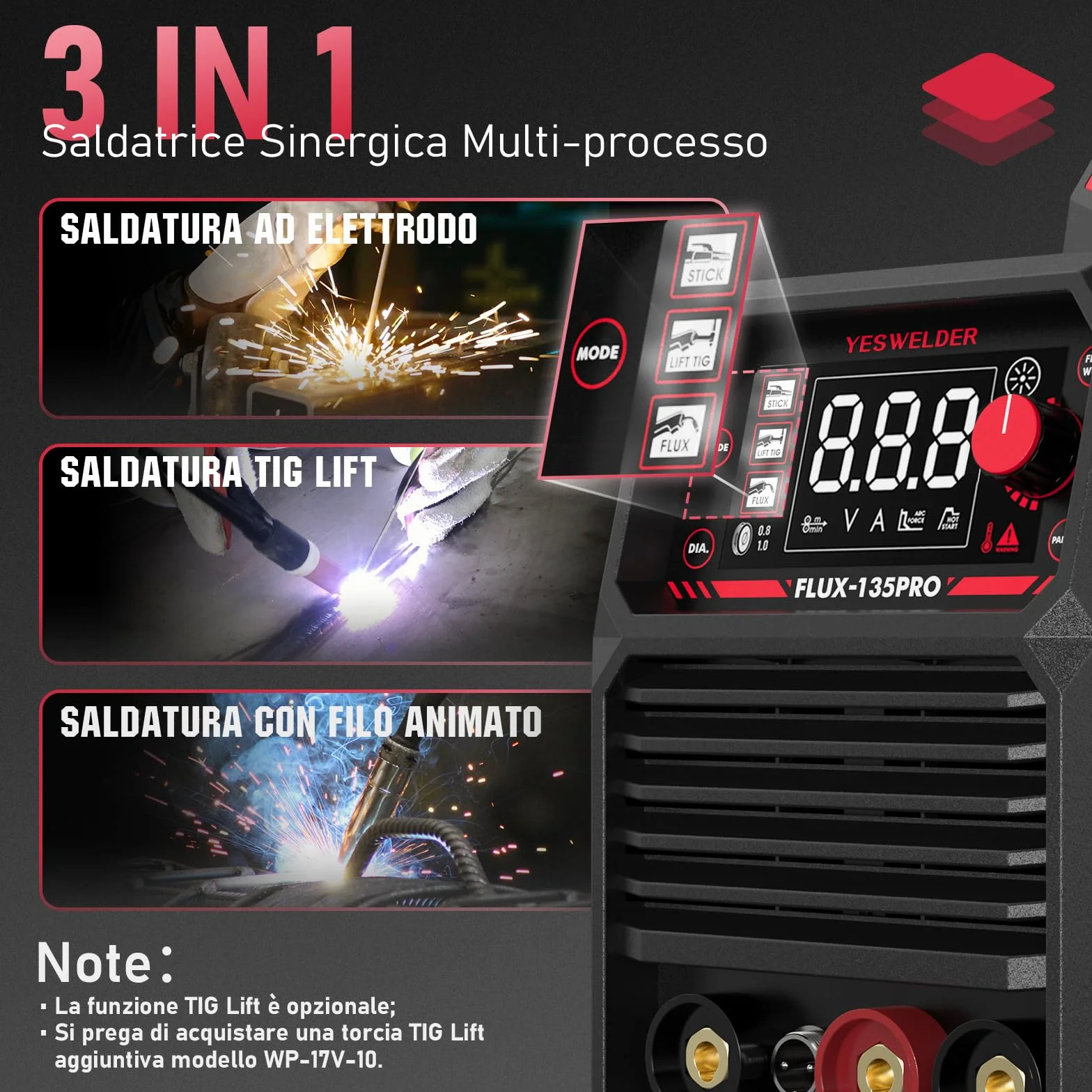 YESWELDER 135Amp Saldatrice MIG Senza Gas 230V 3-in-1 Saldatore LED con 2 Confezioni Filo