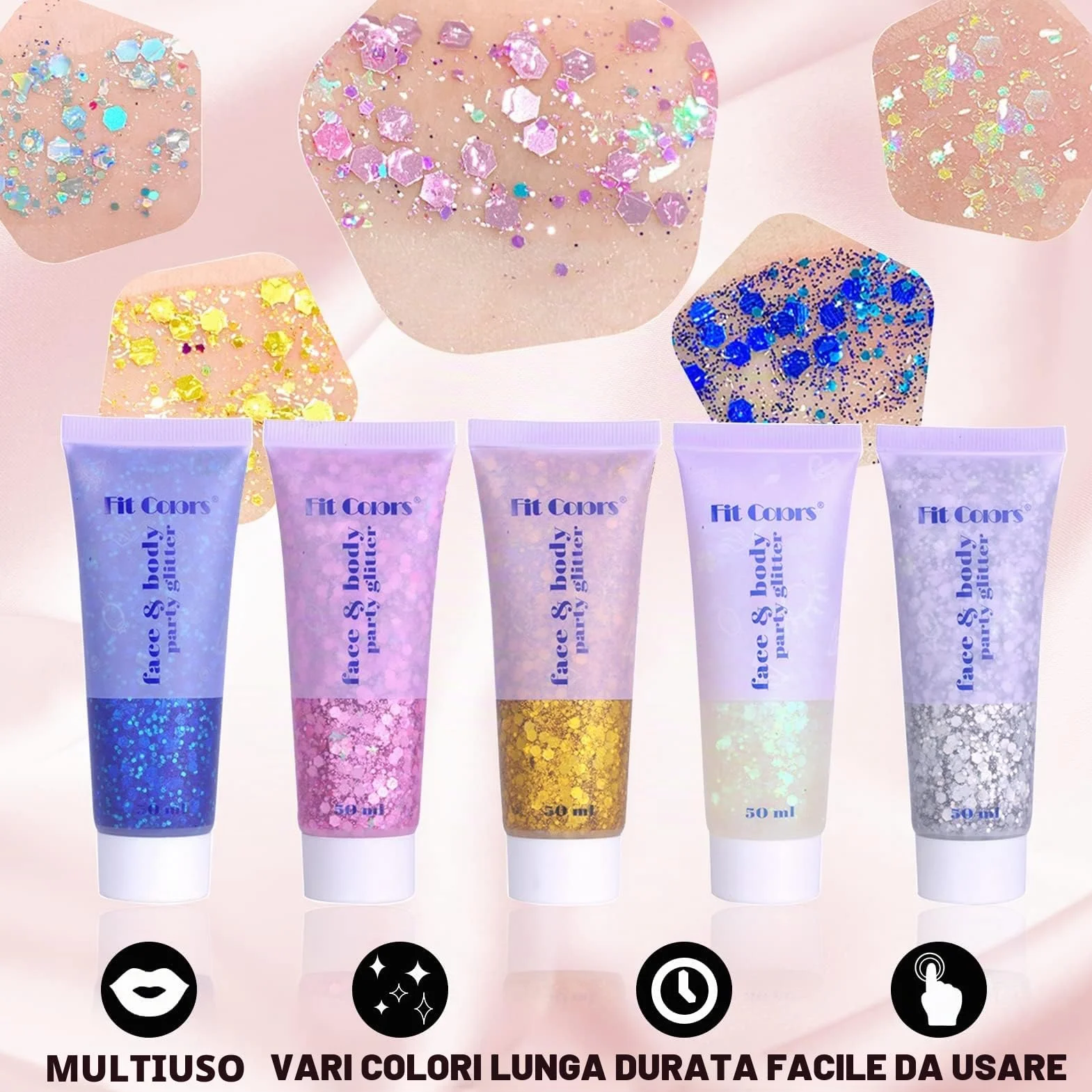 Miioto Glitter Corpo Gel, Glitter Corpo e Capelli, Brillantini Corpo,Glitter Make Up, Brillantini Adesivi per Viso, Glitter Gel per Viso, Unghie, Occhi,Labbra,Capelli,Corpo,Feste in Maschera, 3 Colori