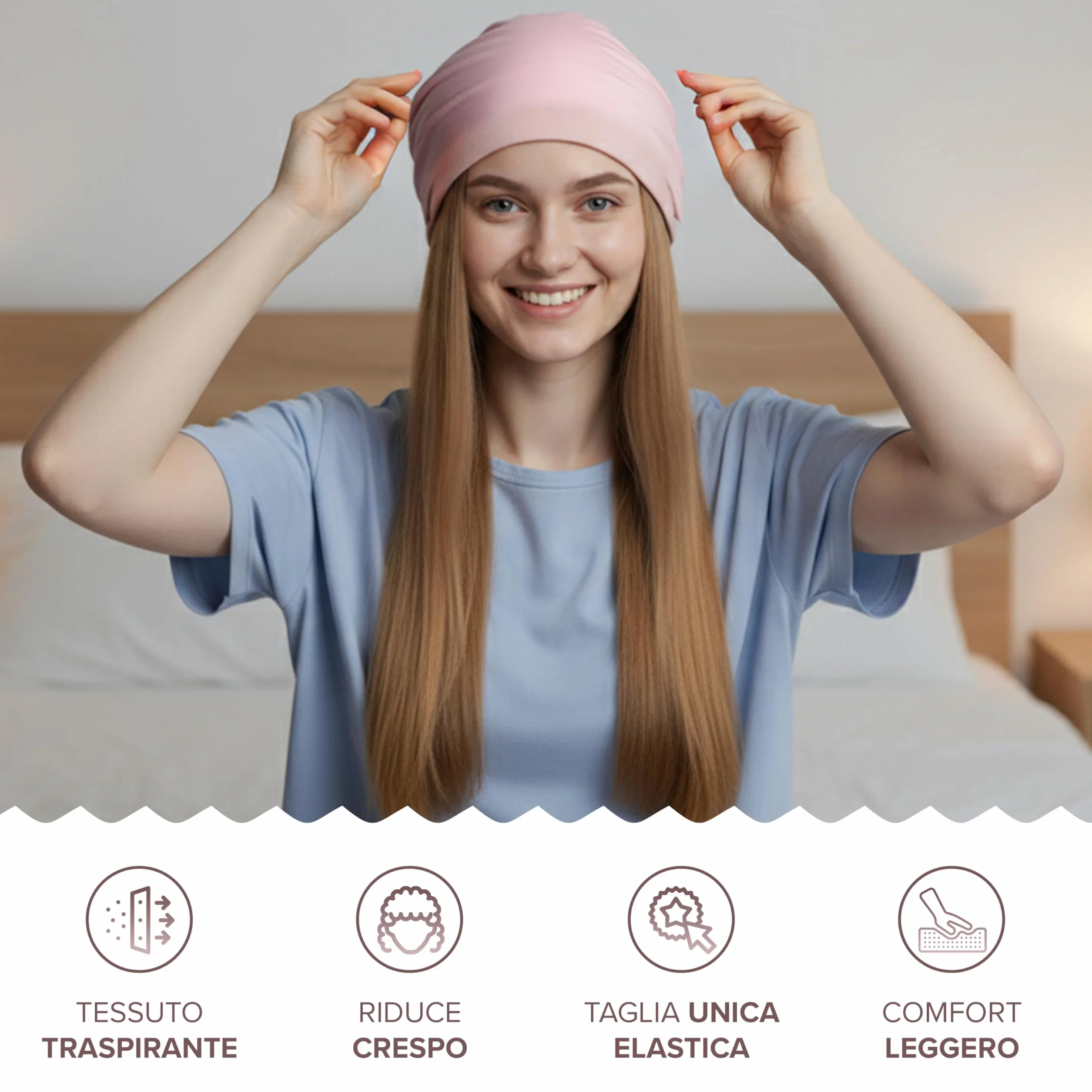 Cuffia Capelli Ricci Notte - Cuffia per Dormire Capelli Ricci, Mossi o Lisci, Anche con i Bigodini - Cappello da Notte Donna in Tessuto Morbido e Confortevole, Rosa
