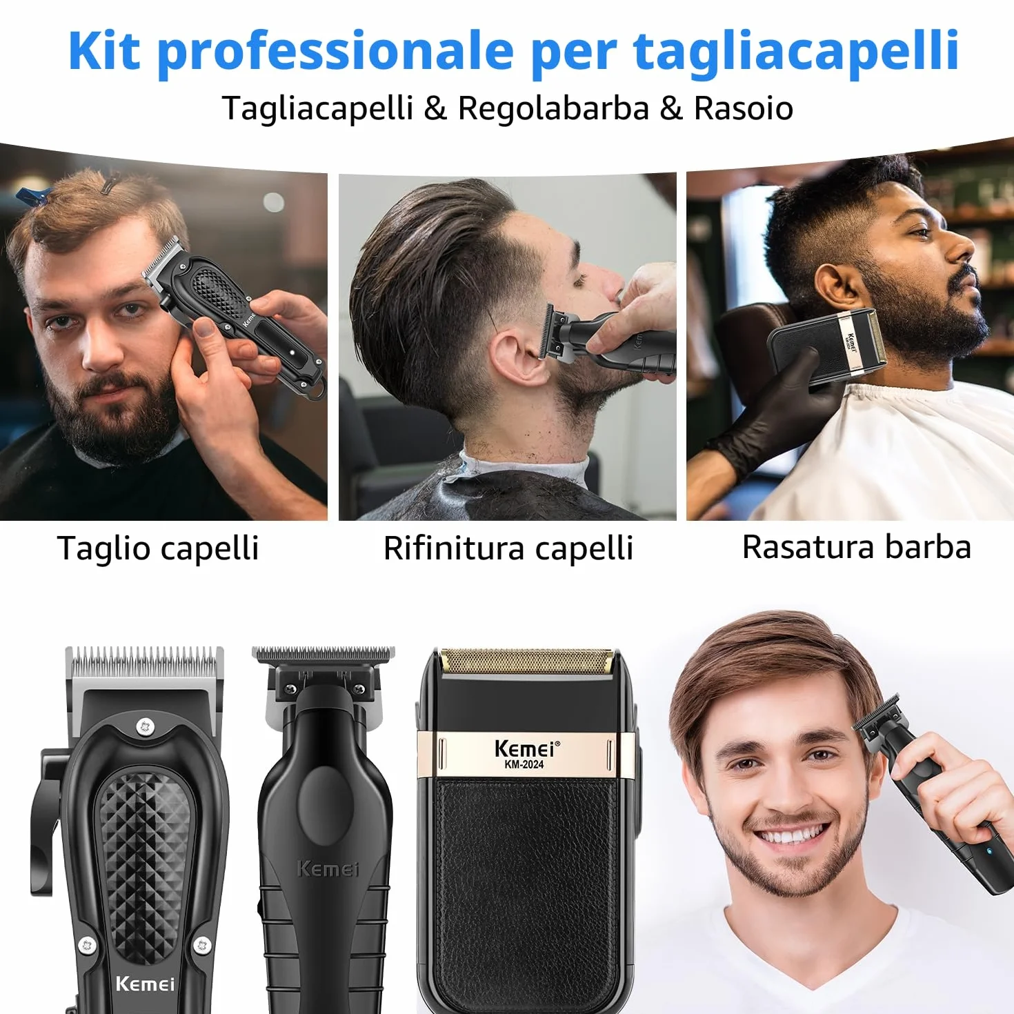 KEMEI Tagliacapelli professionale per uomo, set completo senza fili con trimmer a lama T, rasoio con lamina e 9 pettini guida