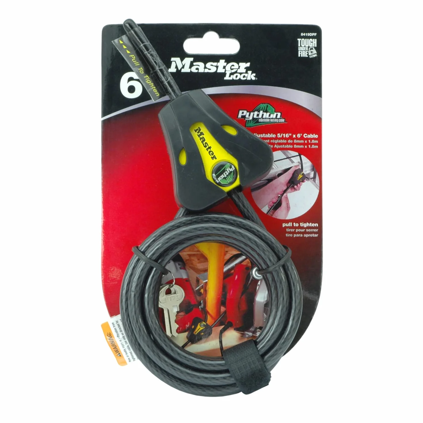 Master Lock Lucchetto a Cavo Python Regolabile con Chiave 1,8 m 8419DPF Nero Giallo