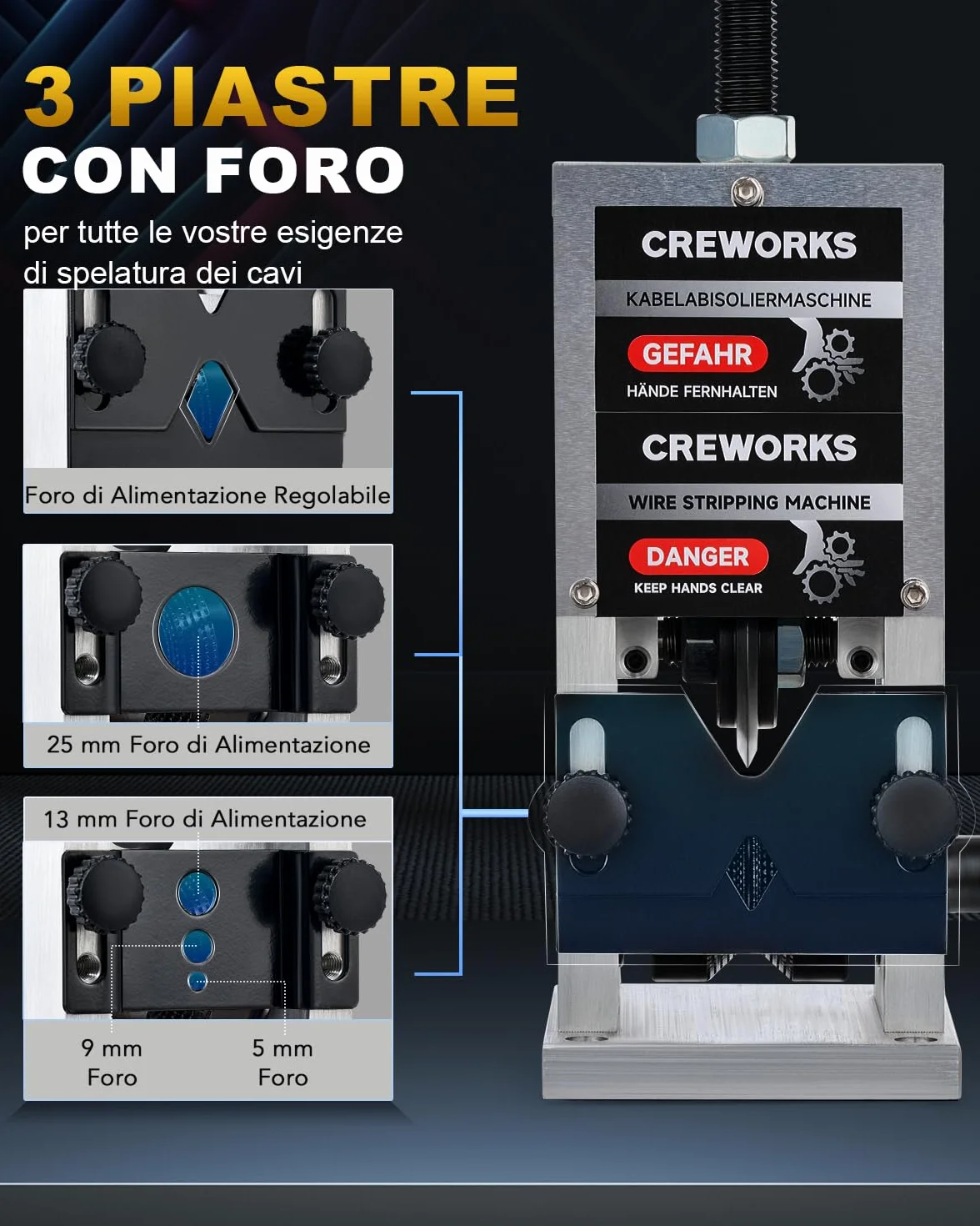 CREWORKS Macchina Spellacavi Manuale Professionale 3 Piastre Foro 5 Canali Cavi Φ1.5-25mm Recupero Rame