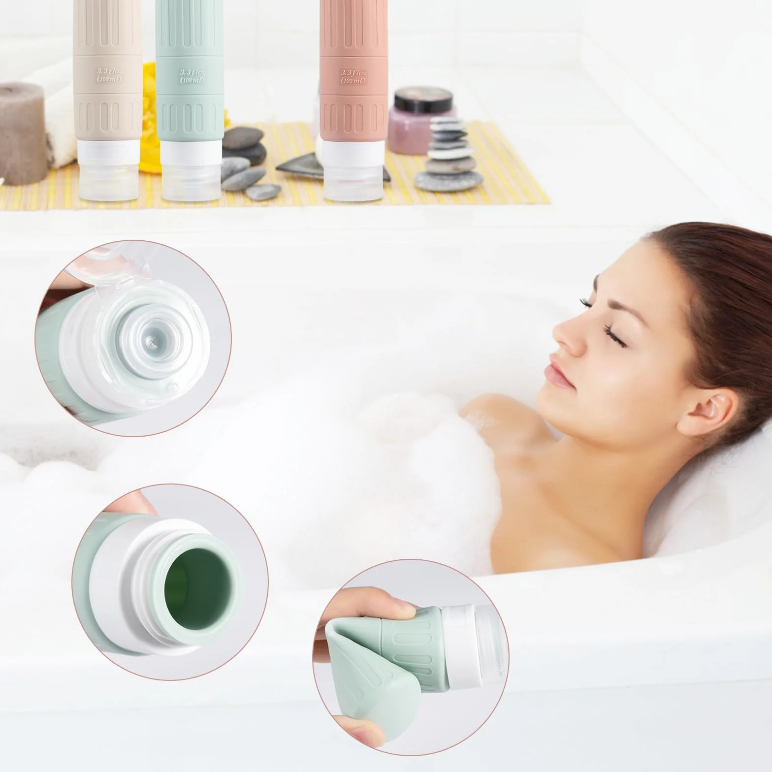 Carehabi Bottiglie da 100 ml da riempire, 5 bottiglie da viaggio in silicone per shampoo, gel doccia, cosmetici, bottiglie da viaggio