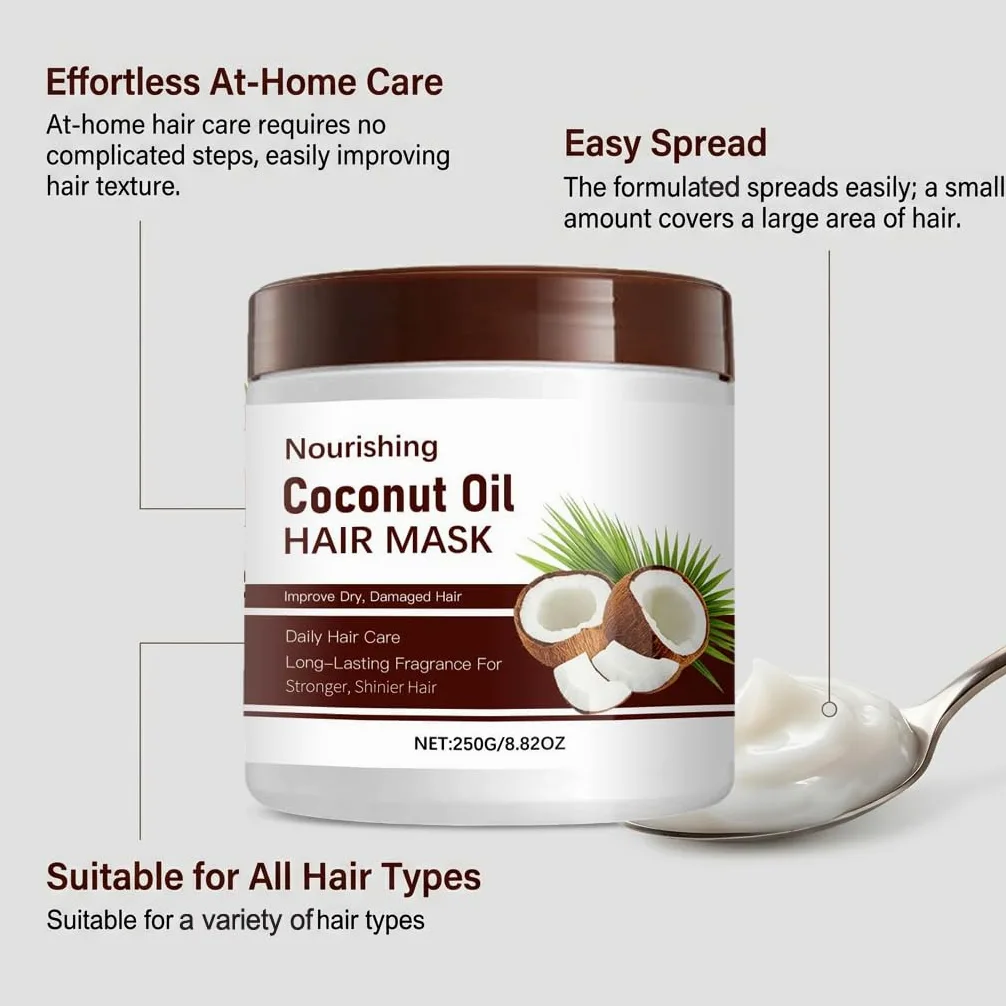 Maschera per capelli con olio di cocco per capelli danneggiati, cura profonda con vitamina E, rinforzante e idratante, nutriente, arricciante, lucida, morbida ed elastica per le donne (3 pezzi)