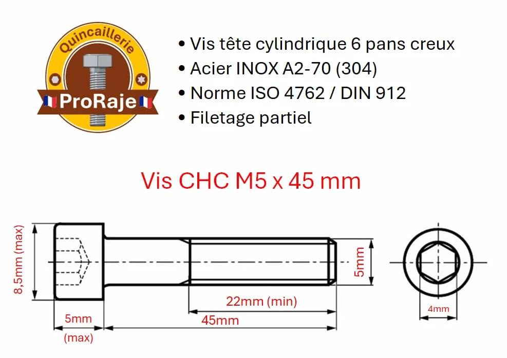 Śruby M5x45 mm CHC A2-70 Nierdzewne ISO 4762 DIN 912 - 10 sztuk
