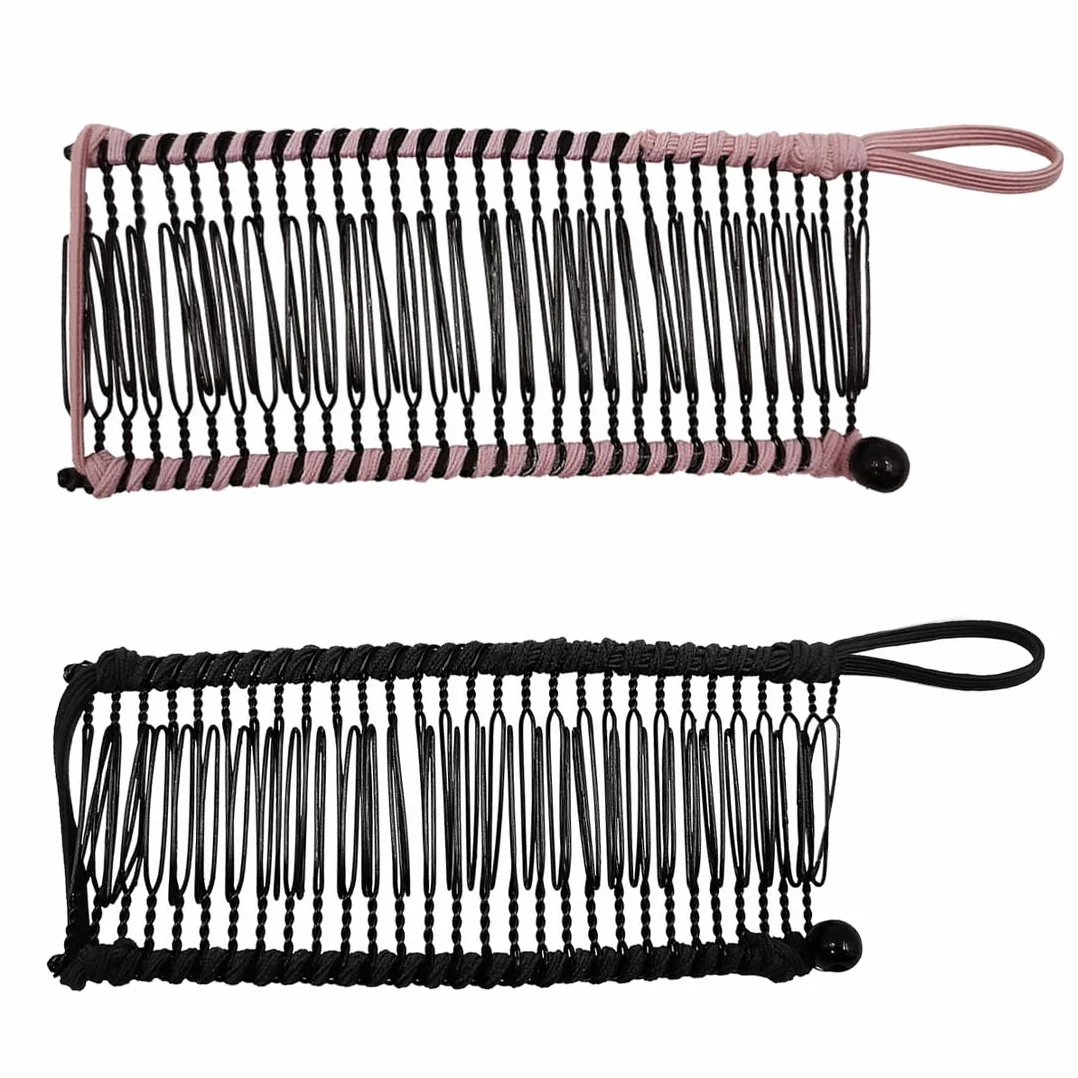 2 pezzi di clip per capelli vintage, Accessorio per capelli naturalmente ricci e ondulati, estensibile, 30 denti a pettine a banana (nero/rosa)