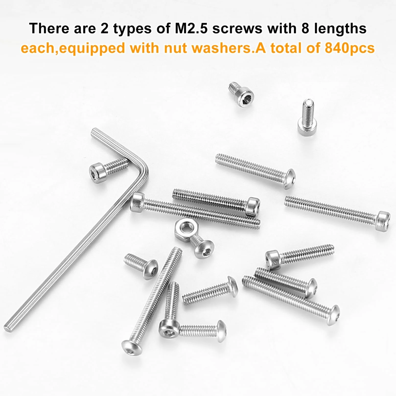 Set di Viti M2,5 Acciaio Inox 840 Pezzi Esagono Incassato Testa Bombata Dadi Rondelle