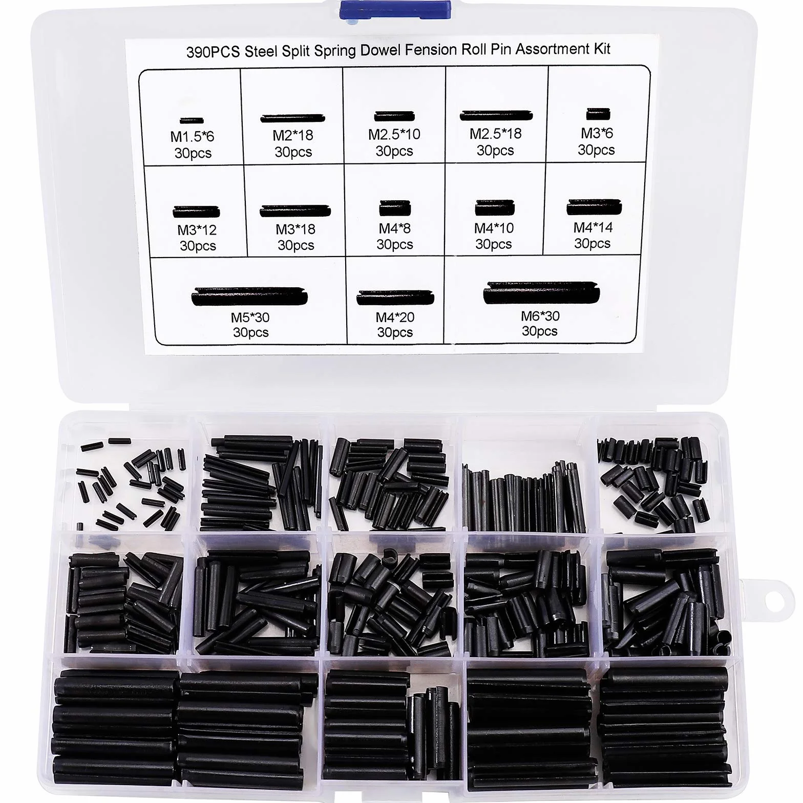 Perno di Tensione a Molla Spine Elastiche Acciaio al Manganese M1.5-M6 Assortment Kit 390 Pezzi