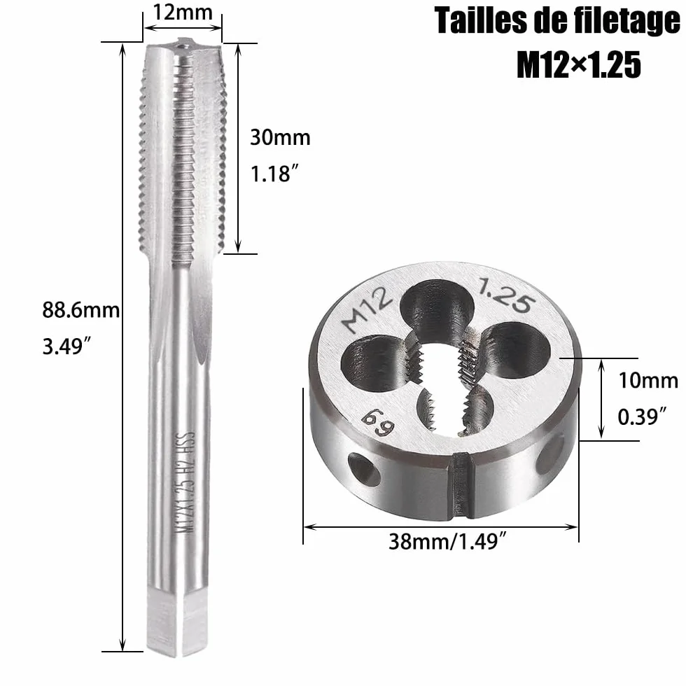 M12 X 1,25 Metrico Maschi e Filiere Kit HSS Maschi a Mano Destra Filettatura
