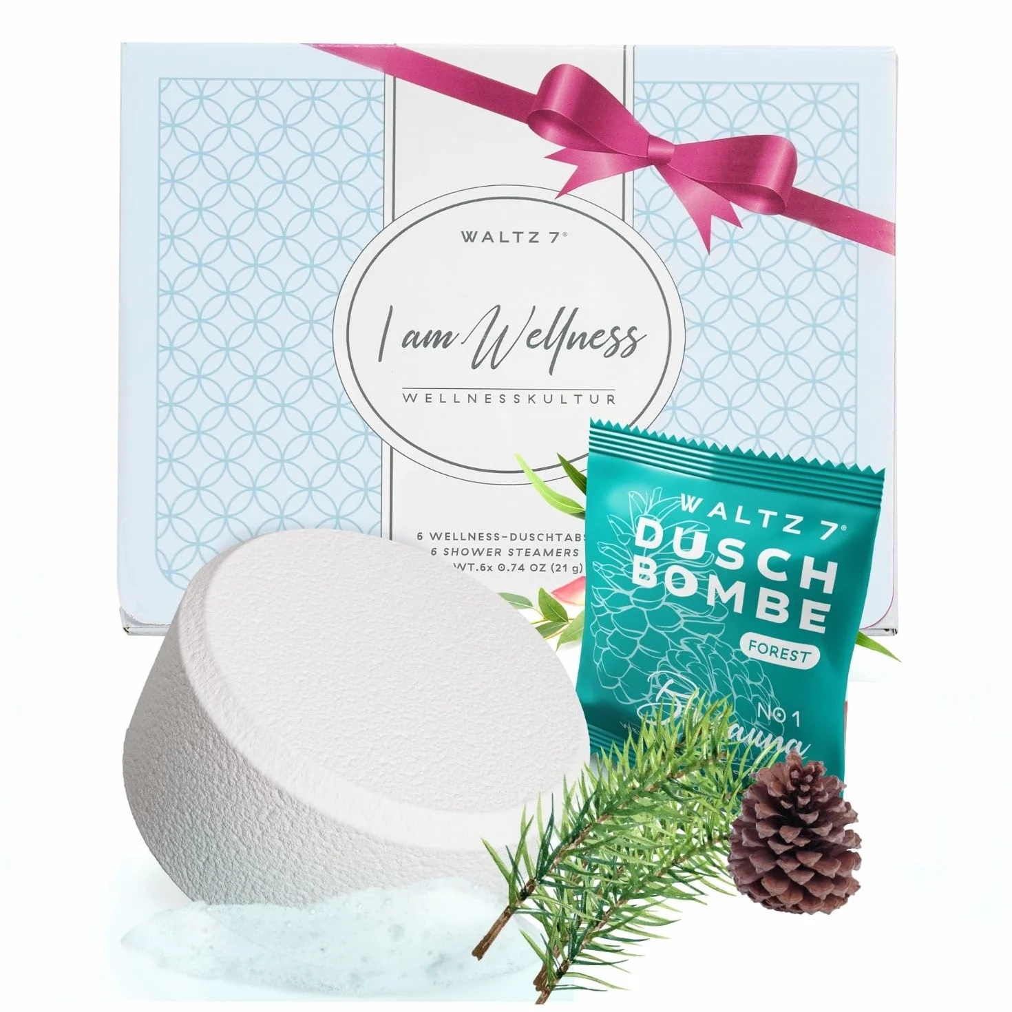 WALTZ 7 Set di Bombe da Doccia all’Abete Rosso, Bombe da Bagno con Olio Essenziale di Pino per il Benessere e il Relax, Vegane per Aromaterapia, Effetto Calmante e Rigenerante, Confezione da 6