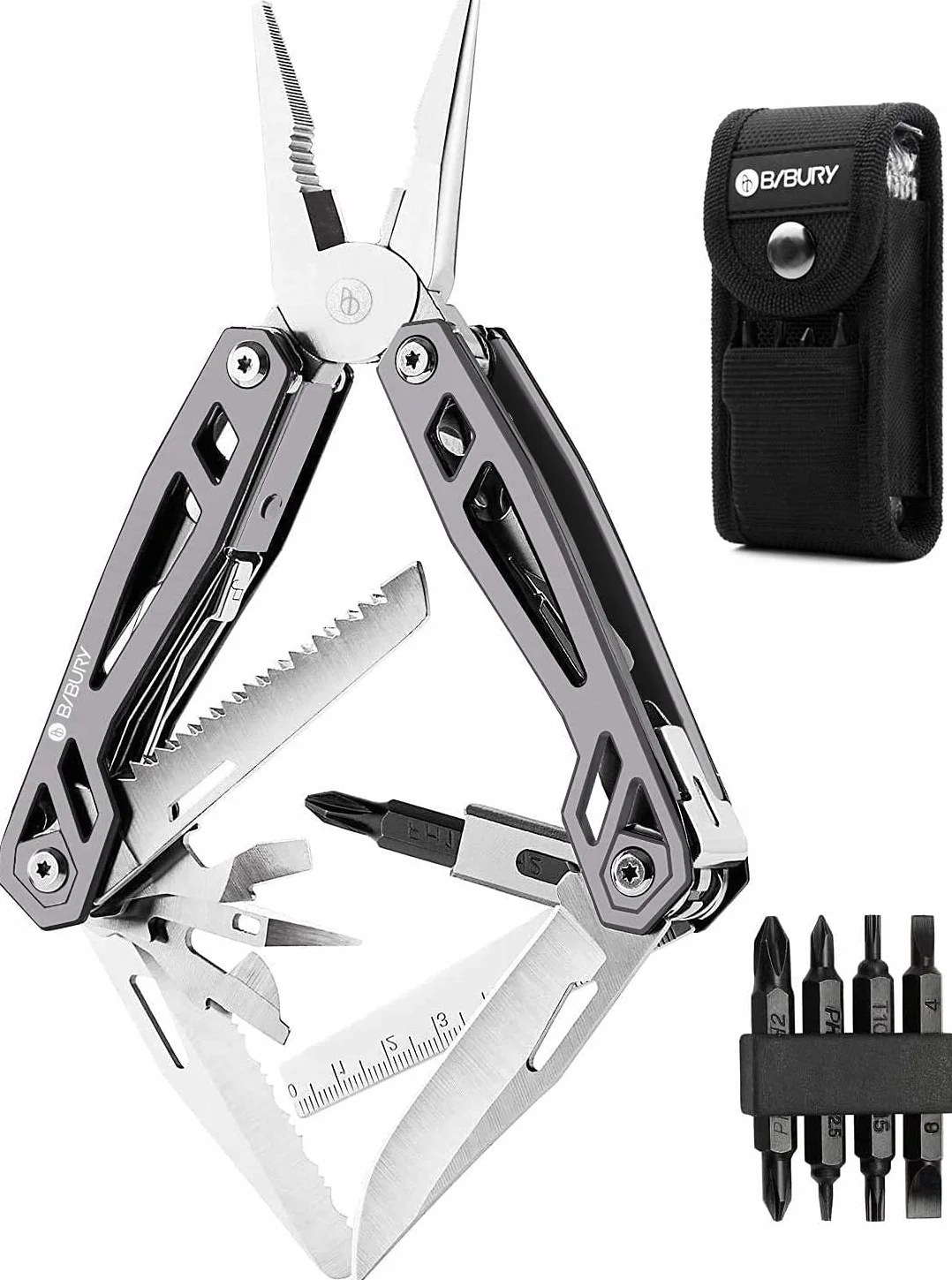 Pinza Multiuso BIBURY in Acciaio Inossidabile con Coltello, Apribottiglie, Cacciavite, Attrezzi EDC per Campeggio e Riparazioni