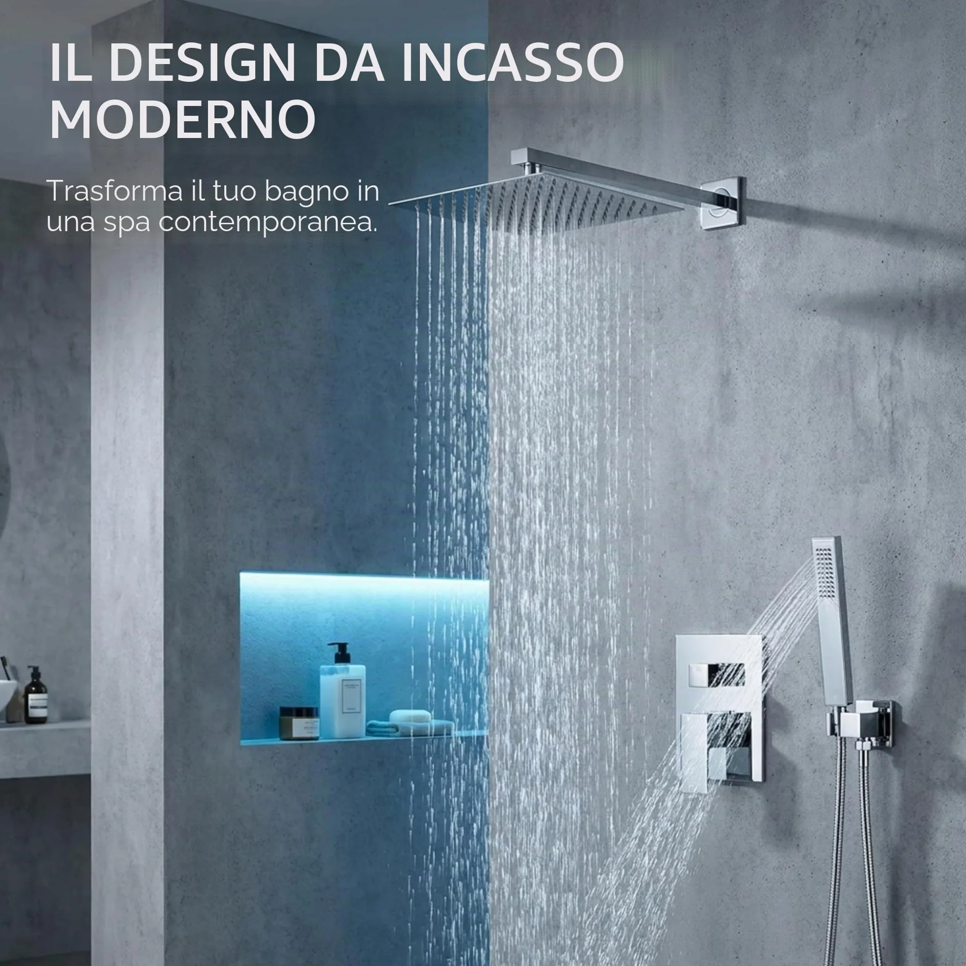 VALAZ Doccia Incasso Cromata Miscelatore Spruzzatore Effetto Pioggia 25 cm Serie Tajo