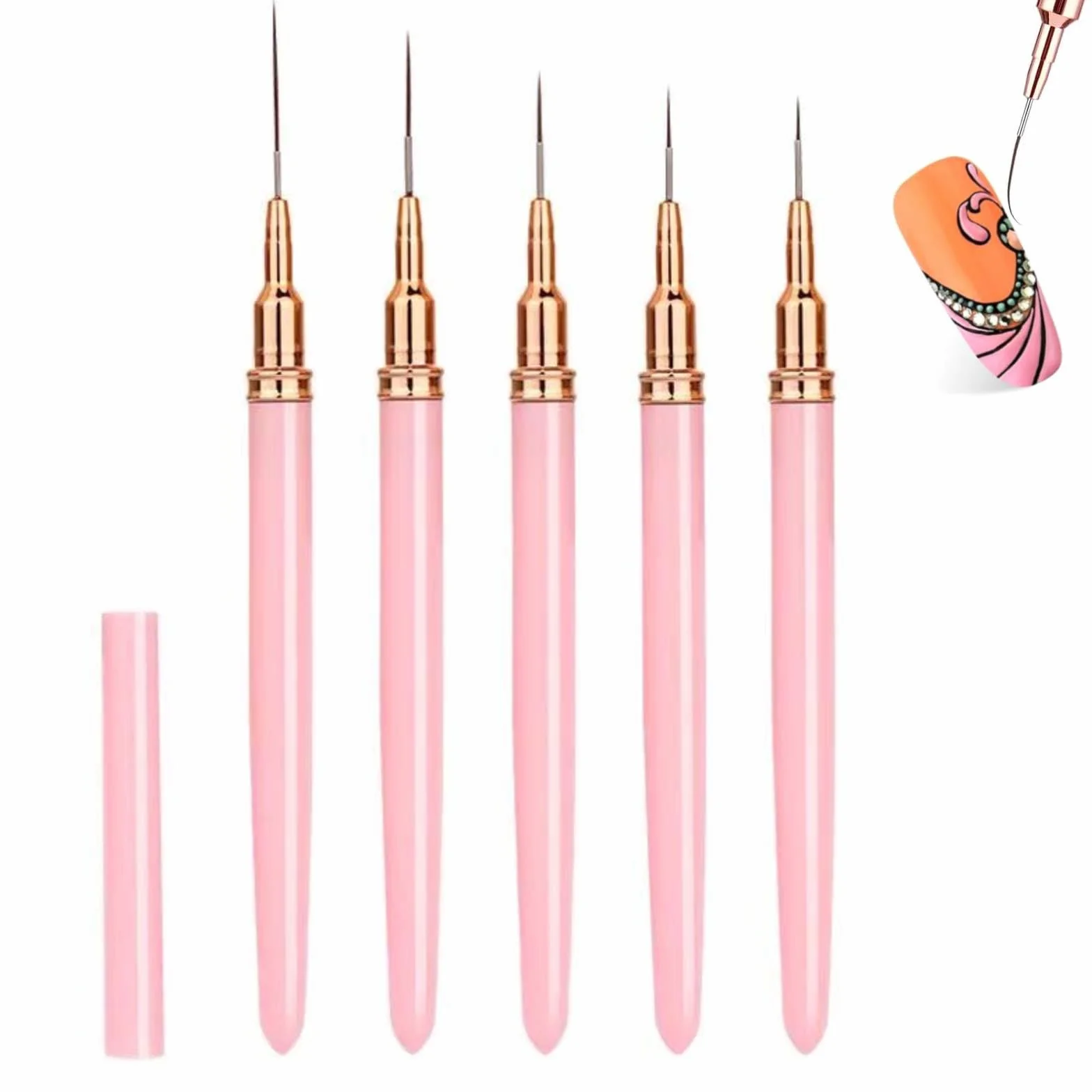 Pennelli Nail Art 5 Pezzi, Pennellino Unghie Gel 4/8/12/20/25mmmm, Pennello French Penna Pennellino Set, per Nail Art, per Linee Lunghe, Dettagli Sottili, Disegno Fine