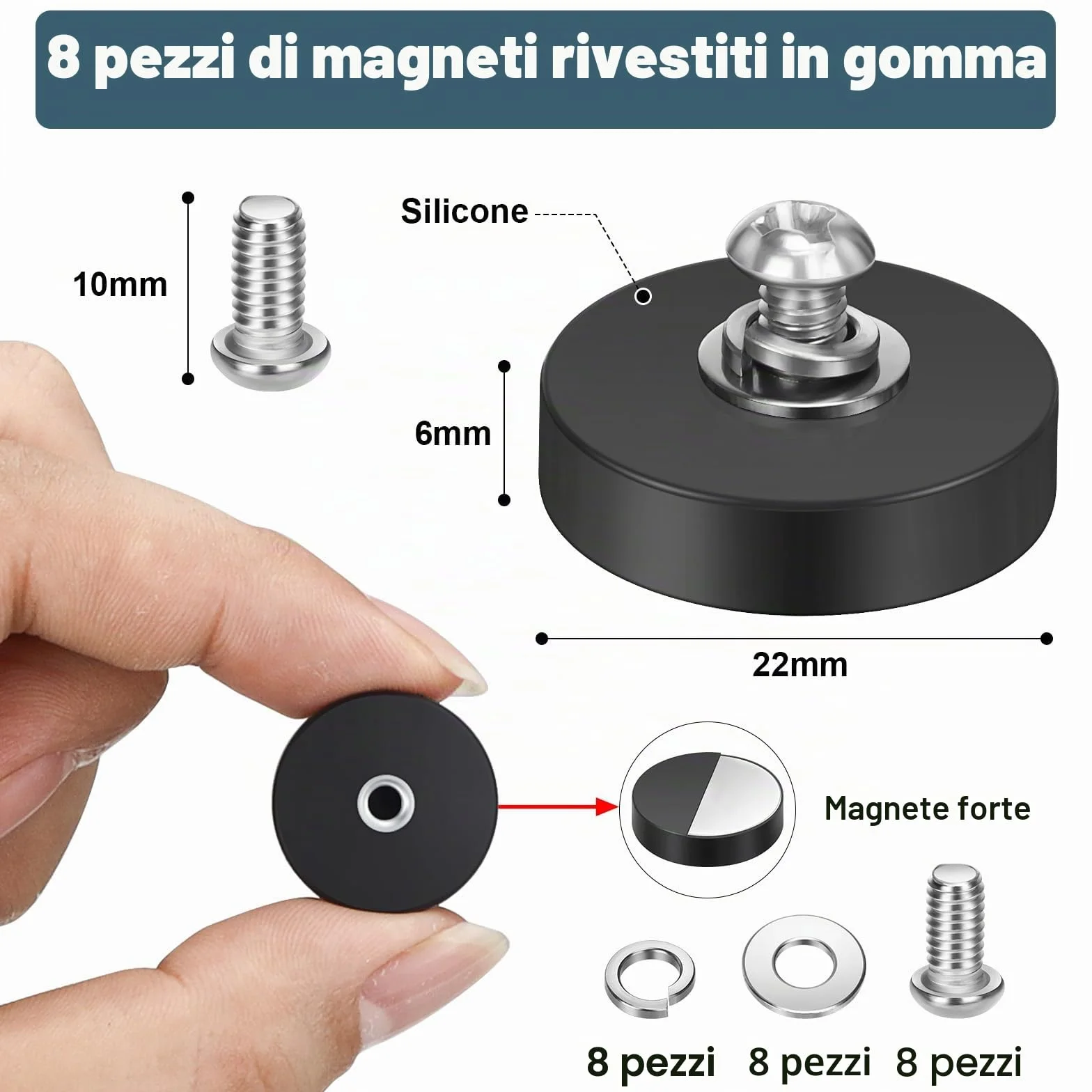 Magneti Neodimio In Gomma 22mm con M4 Filettatura 5,5kg Antiscivolo per Veicoli