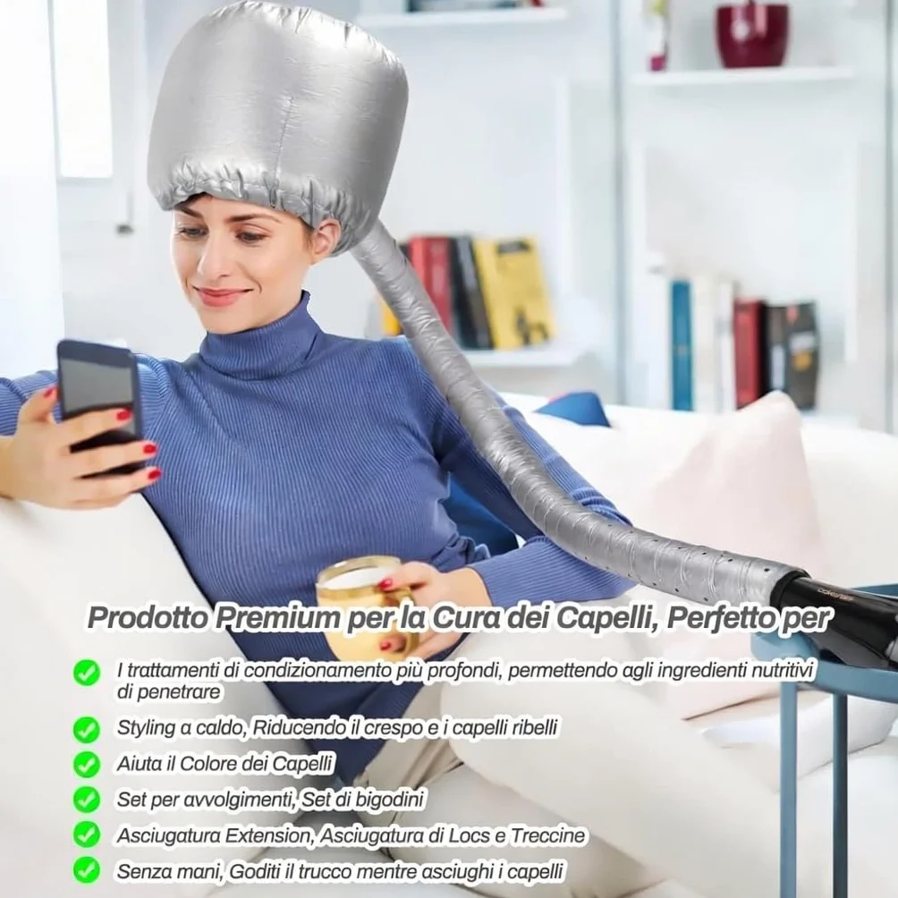 Casco per asciugatura cuffia asciugacapelli elastico attacco a phon grigio portatile professionale capelli ricci