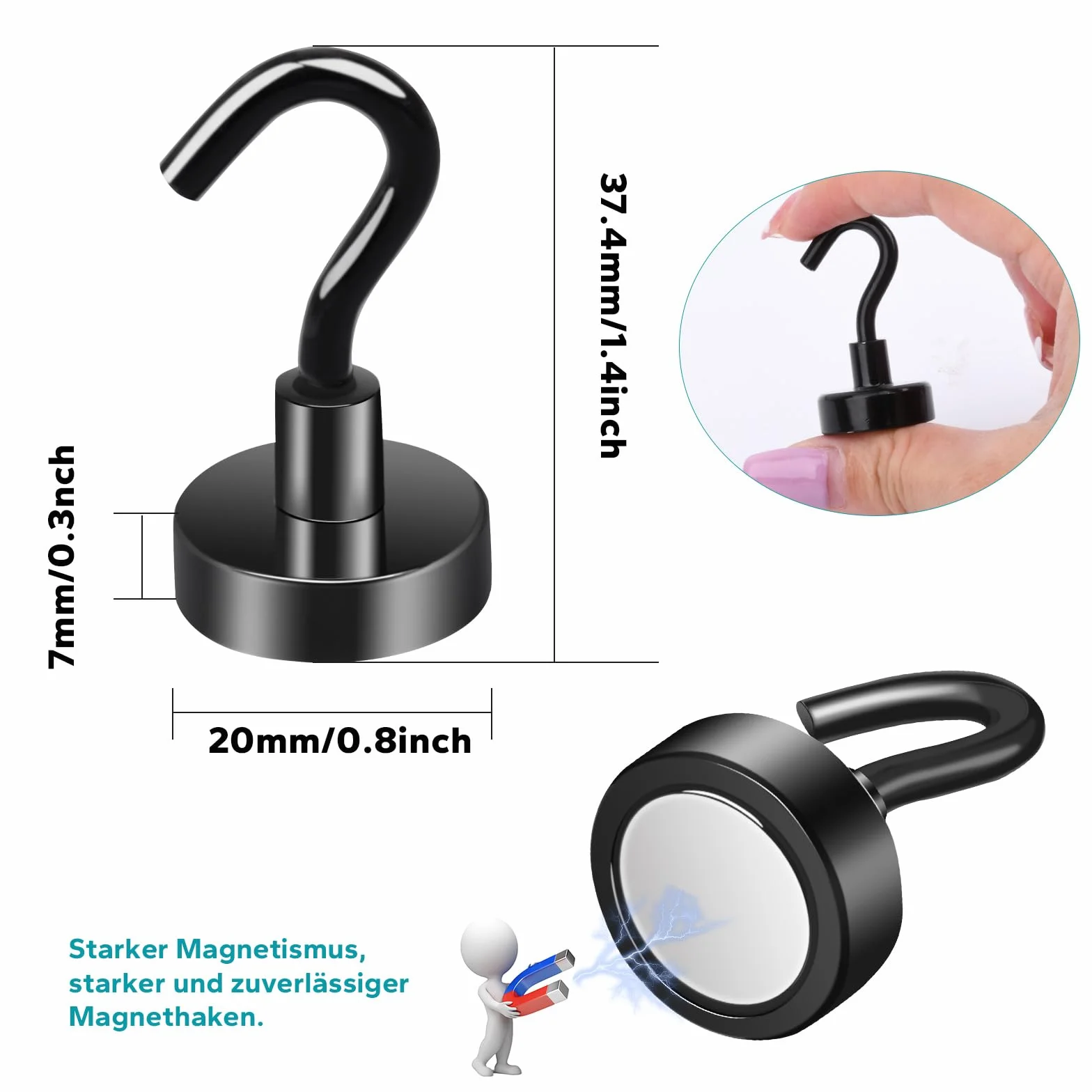 Calamite Potenti Ganci Magnetici Extra Forti 20mm Neodimio Nero Rotondo 8pcs