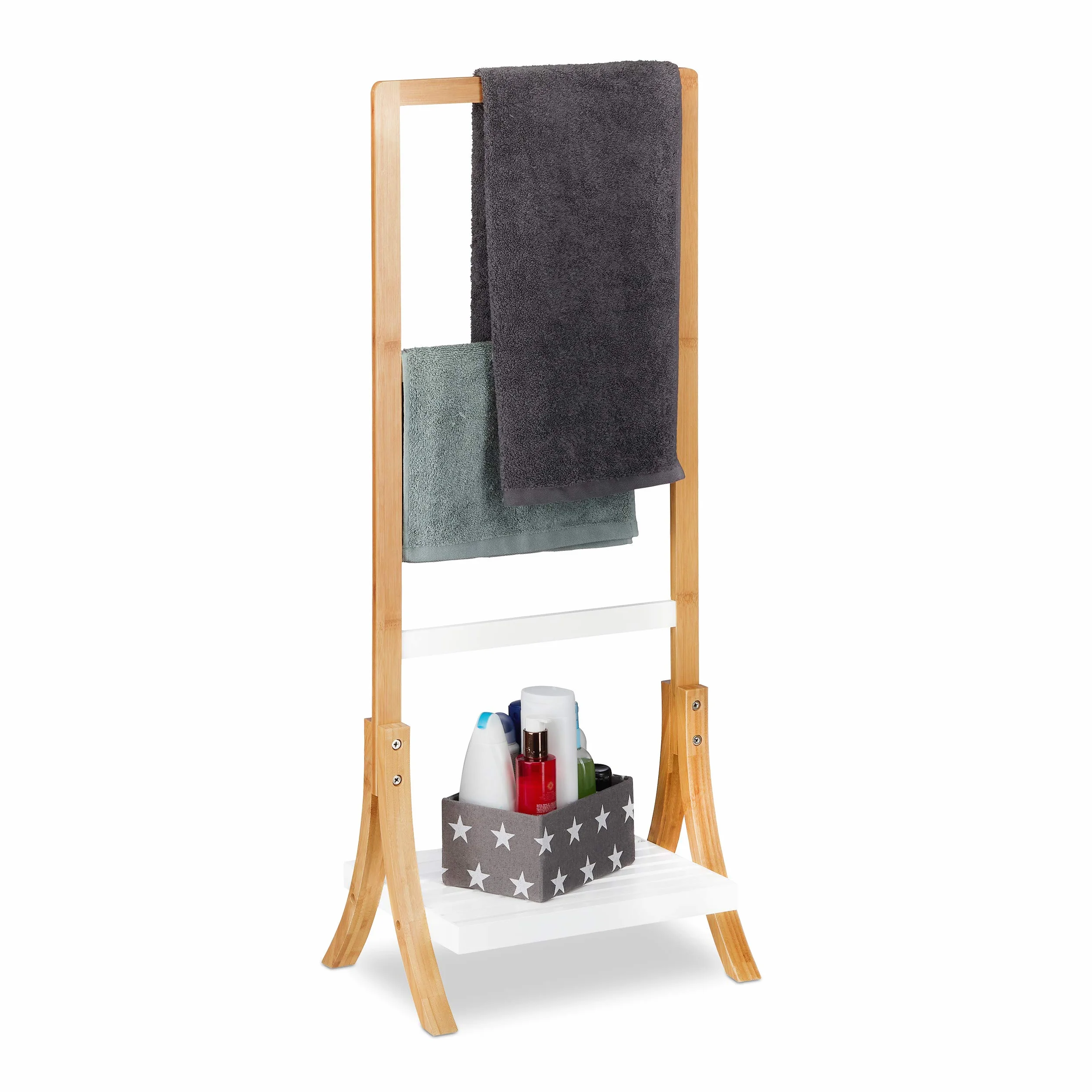 Relaxdays Portasciugamani da Terra bambù MDF 3 Aste 103x41x28 cm Naturale Bianco