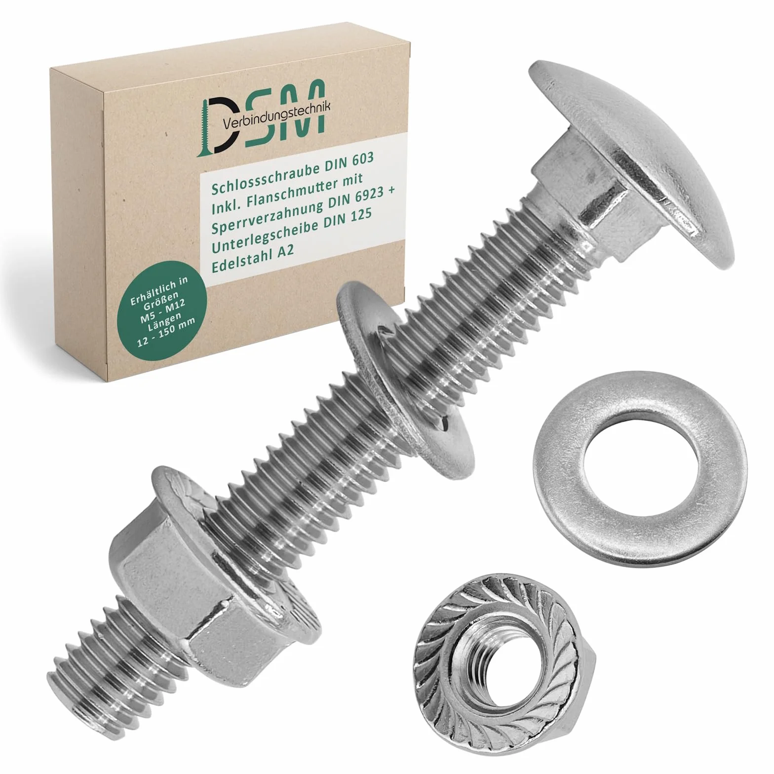 Viti a testa tonda M10 x 70 mm DIN 603 con dado flangiato M10 DIN 6923 e rondella DIN 125 in acciaio inox A2/V2A