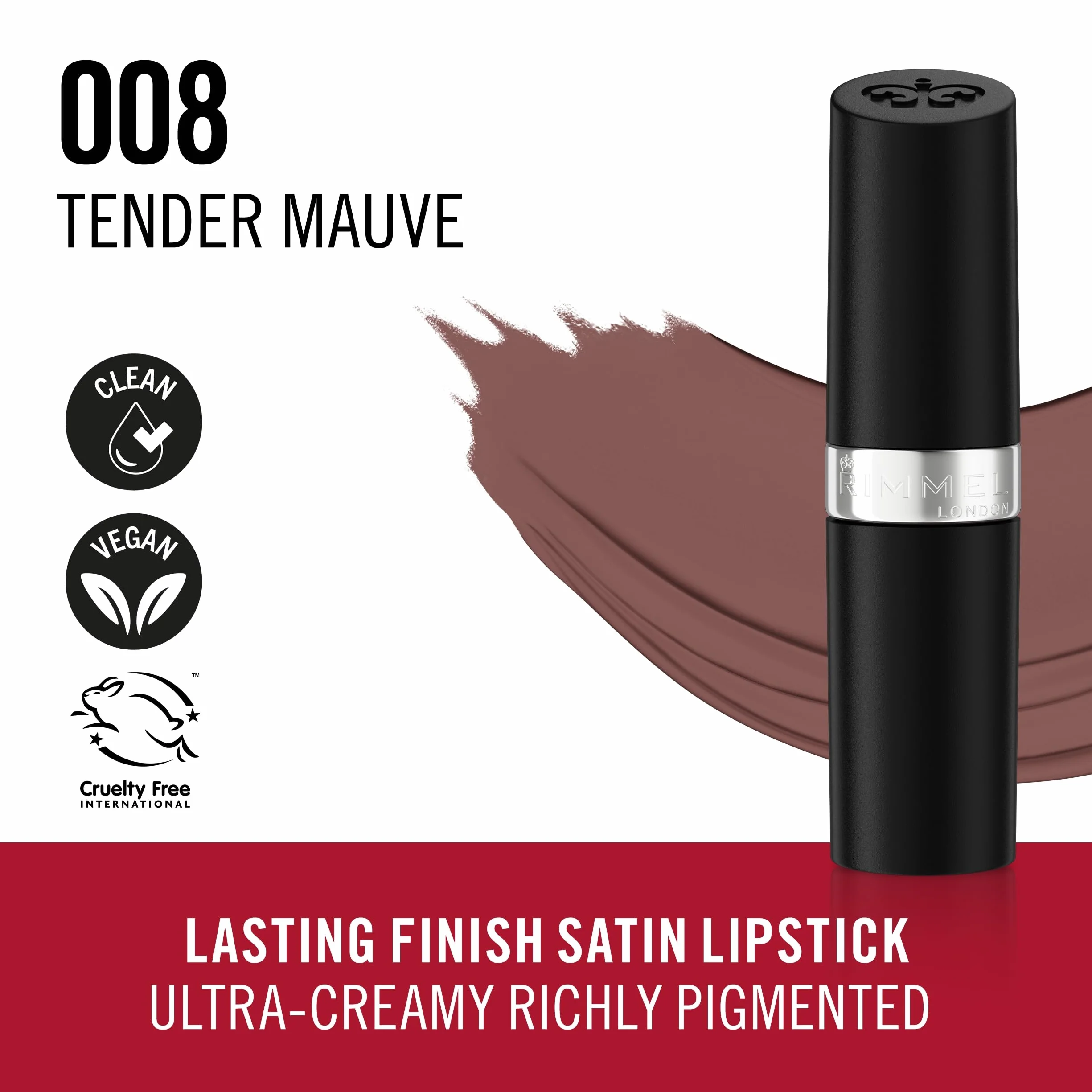 Rimmel London Rossetto in Stick Lasting Finish, Formula a Lunga Durata con Finish Luminoso, Colore 08, 4 g