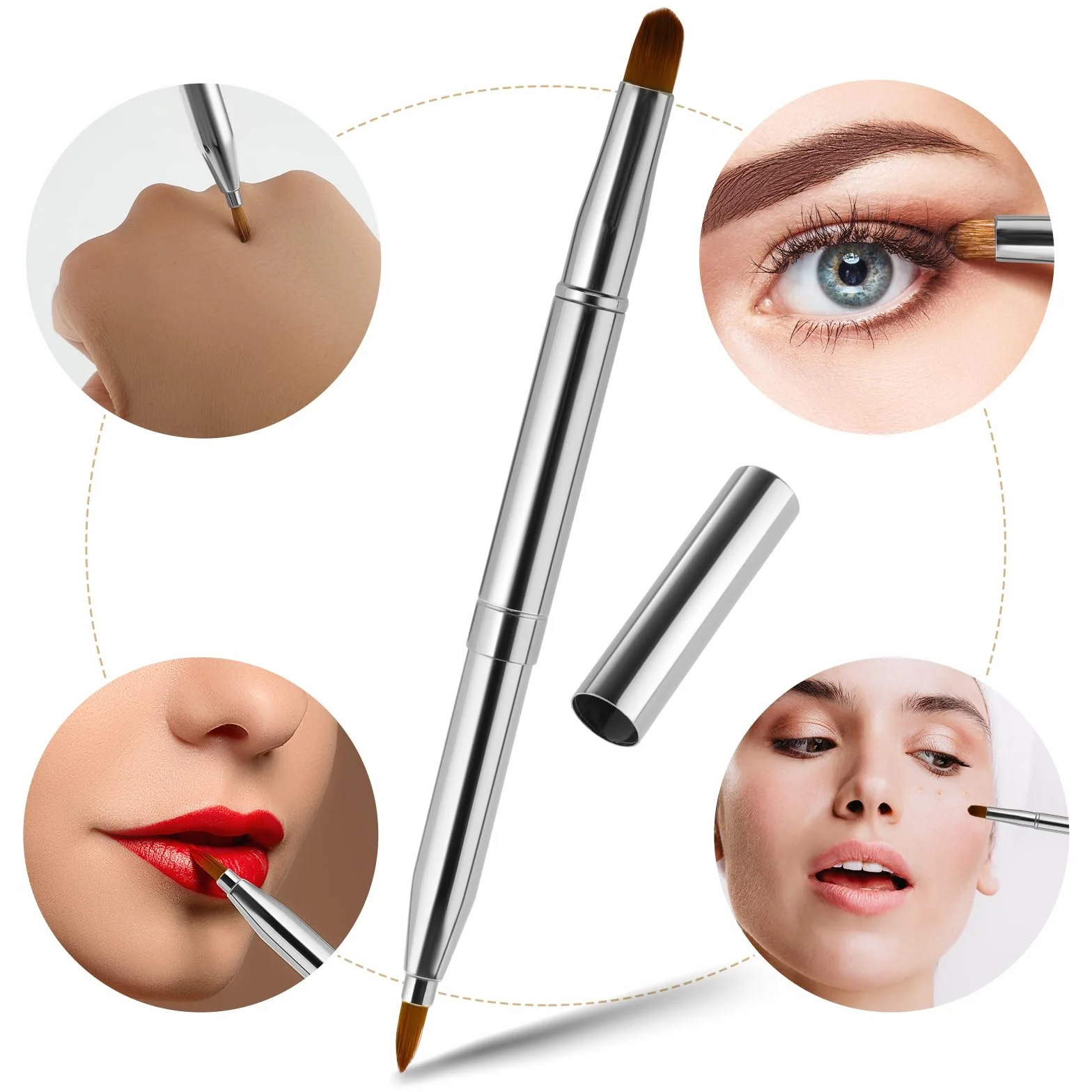 Pennello retrattile per labbra, portatile, a doppia estremità, per rossetto, lucidalabbra, correttore, contorno labbra, strumento per il trucco (argento)