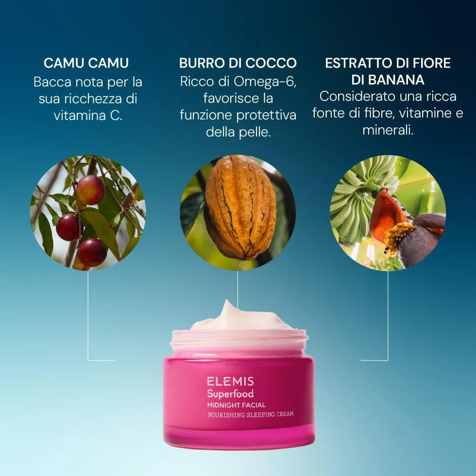 ELEMIS Superfood Midnight Facial, Clinicamente Testata e Vegana con Prebiotici, Camu Camu e Vitamina C – Crema Viso Notte Antirughe, Crema Viso Idratante e Maschera Viso Notte per Pelle Secca