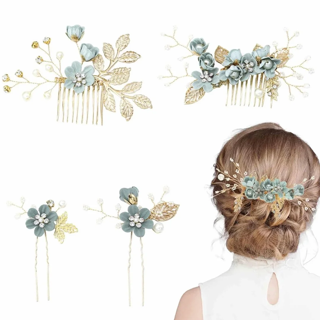 Set di 4 Fermagli Capelli Sposa, Accessori Capelli Sposa con Strass Verdi, Fermagli con Fiori per Donne, Accessori per Capelli da Cerimonia, Decorazioni Capelli Sposa