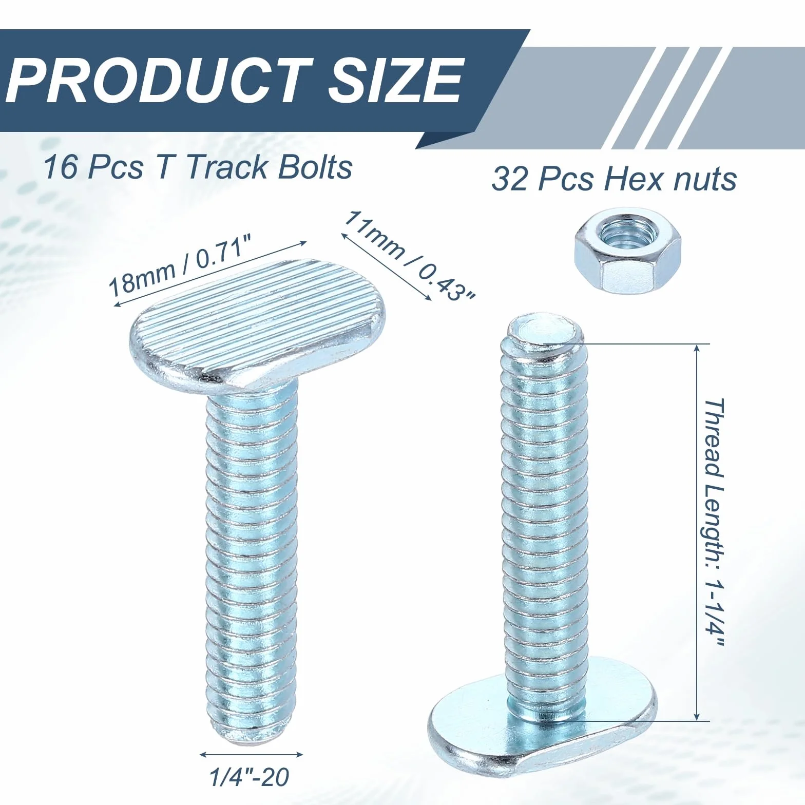 PATIKIL 1/4"-20 X 1-1/4" Bulloni A T Slot 16 Pezzi Con 32 Dadi Esagonali Argento