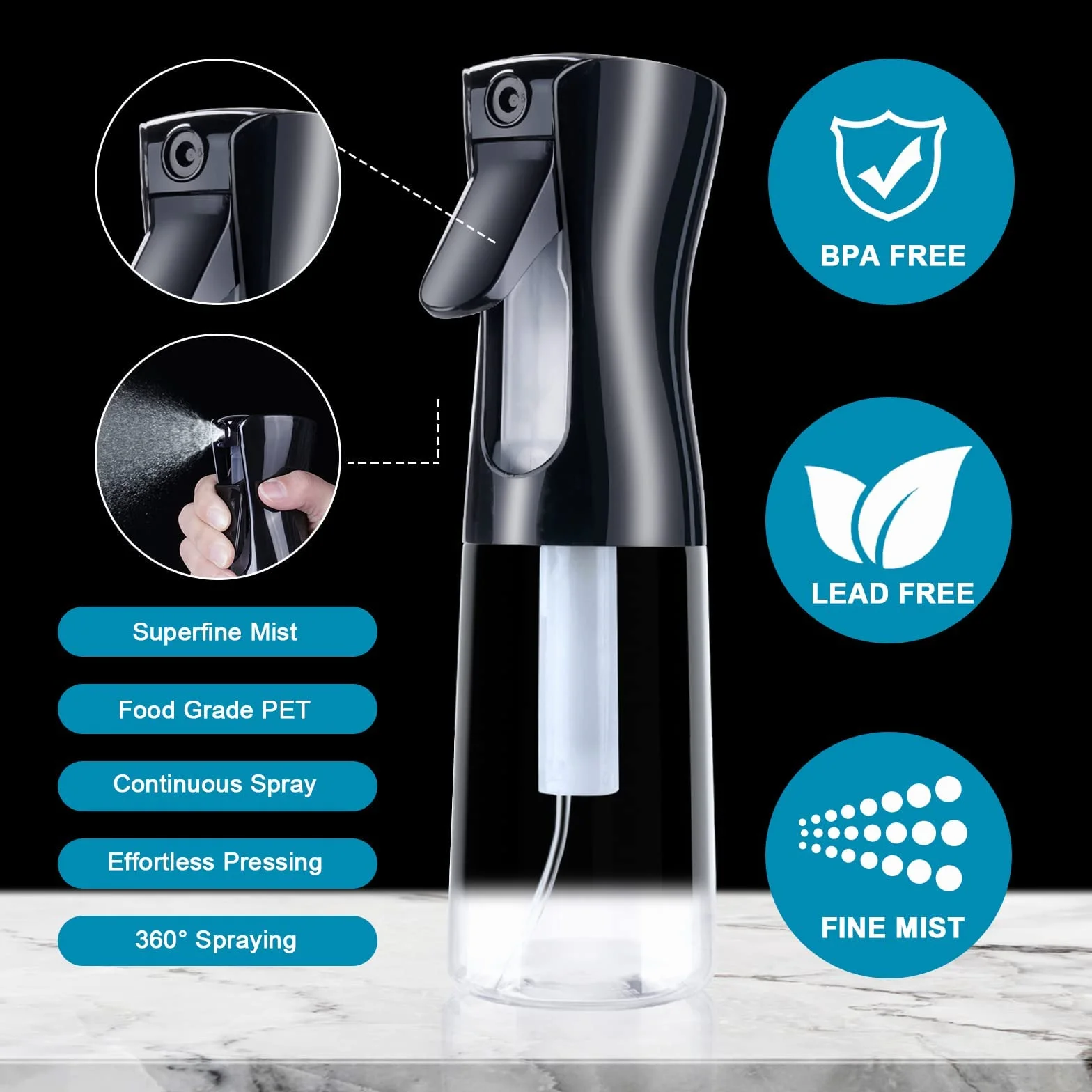 URAQT Bottigliette Spray, 200ML Spruzzino Nebulizzatore, Flacone Spray per Acqua Continua Vuoto Flacone Spray per Capelli per Acconciature, Piante, Animali Domestici, Pulizia (Copertina Nero)