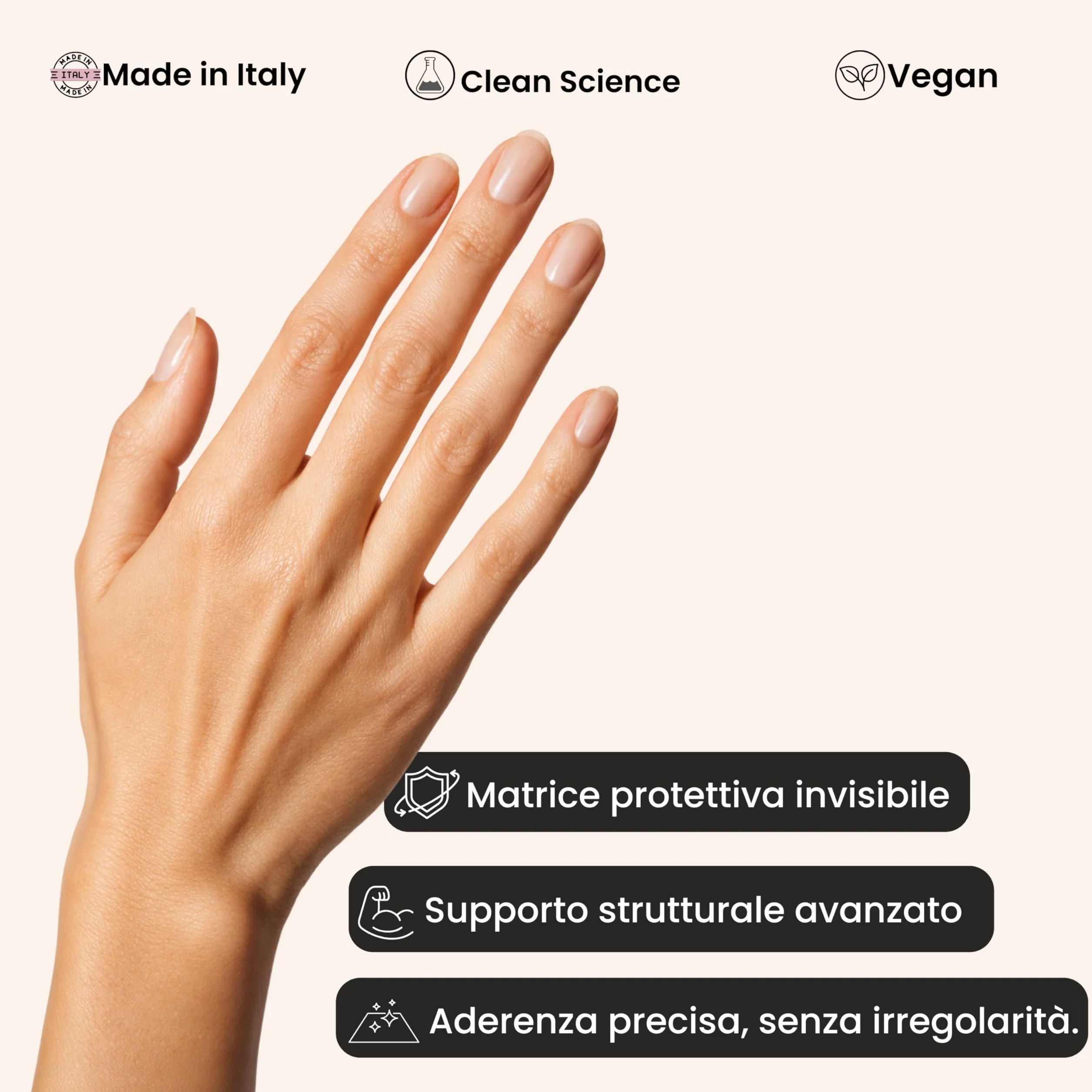 Smalto indurente rinforzante unghie fragili e sfaldate. Matrice strutturale trasparente con 13 bioattivi ad azione mirata. Protezione e stabilità dopo gel o trattamenti.