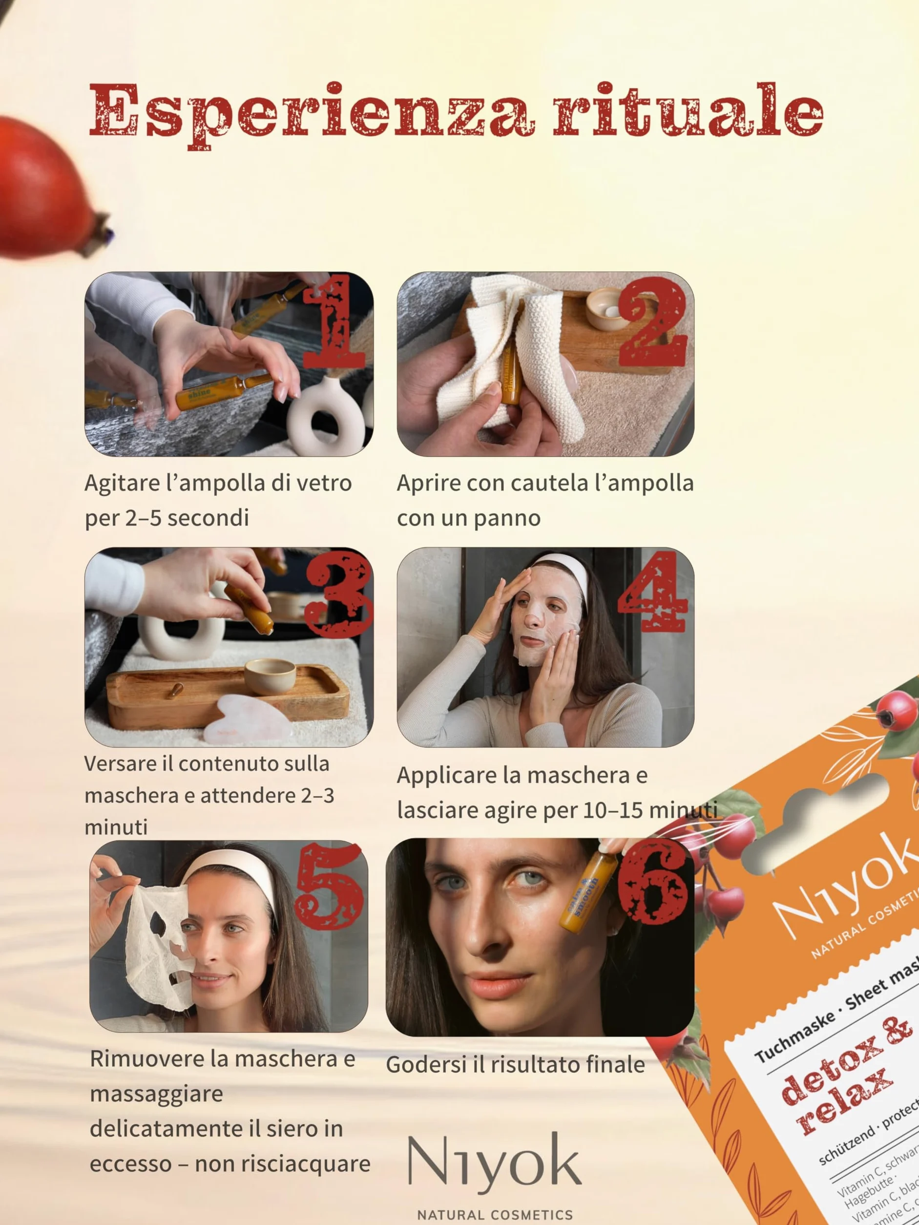 Niyok Maschera in tessuto protettiva – Maschera antiossidante con vitamina C « Detox & Relax » | Maschera viso in fibra vegetale compostabile | Vegan | COSMOS NATURAL | Made in Germany