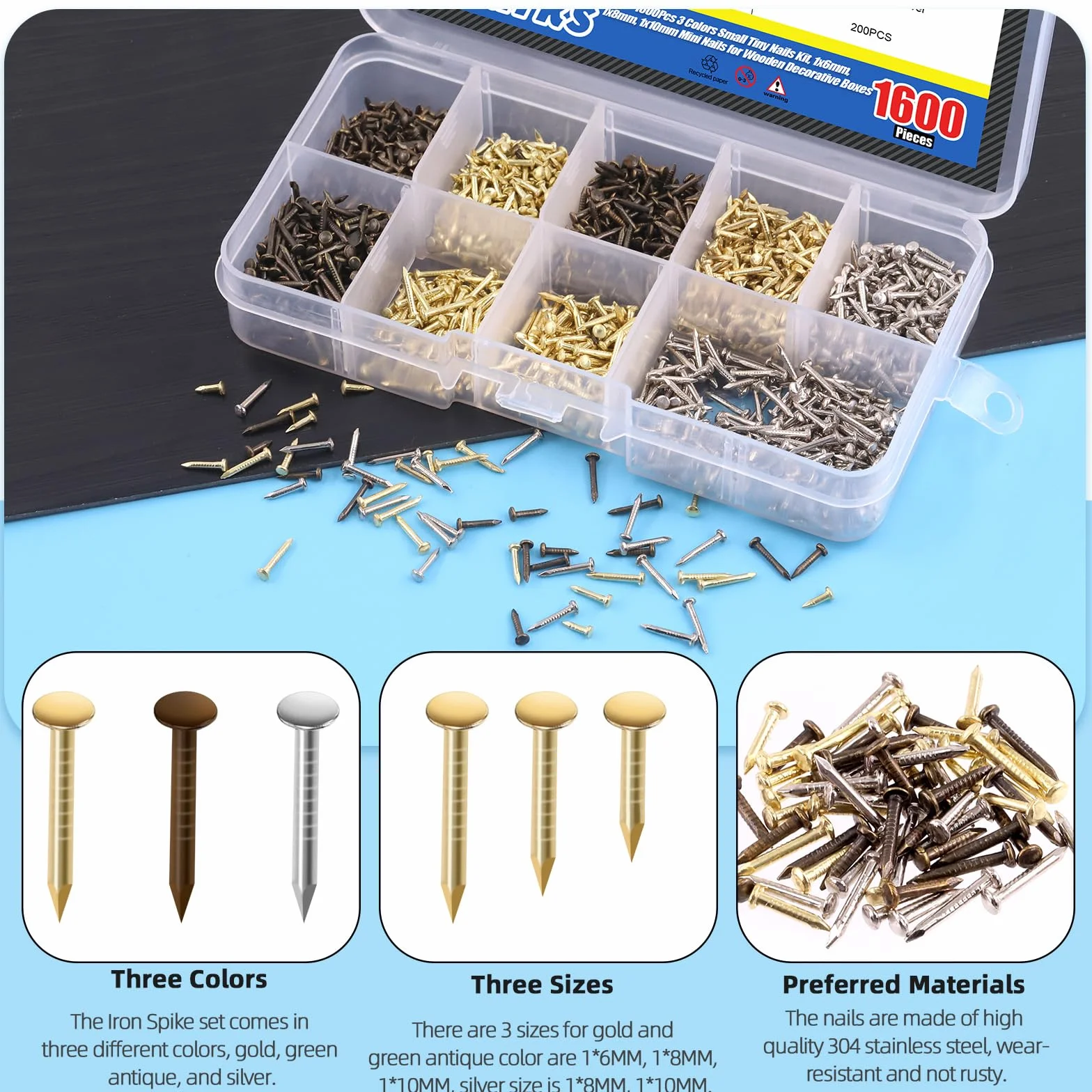 Glarks 1600 pezzi Kit Chiodi Mini 1x6mm 1x8mm 1x10mm Argento Oro Bronzo per Fai da Te