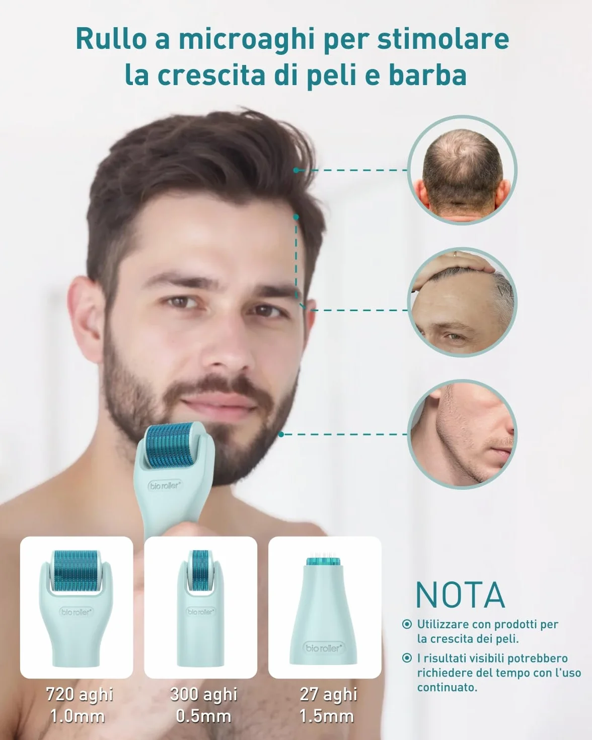 Derma Roller 1,5 mm/1,0 mm/0,5 mm, Kit Microneedling 10 in 1 per cura della pelle/massaggio/pulizia, Beard Roller 720 Ago di Titanio, Rullo a Microneedling per rughe, smagliature e cicatrici